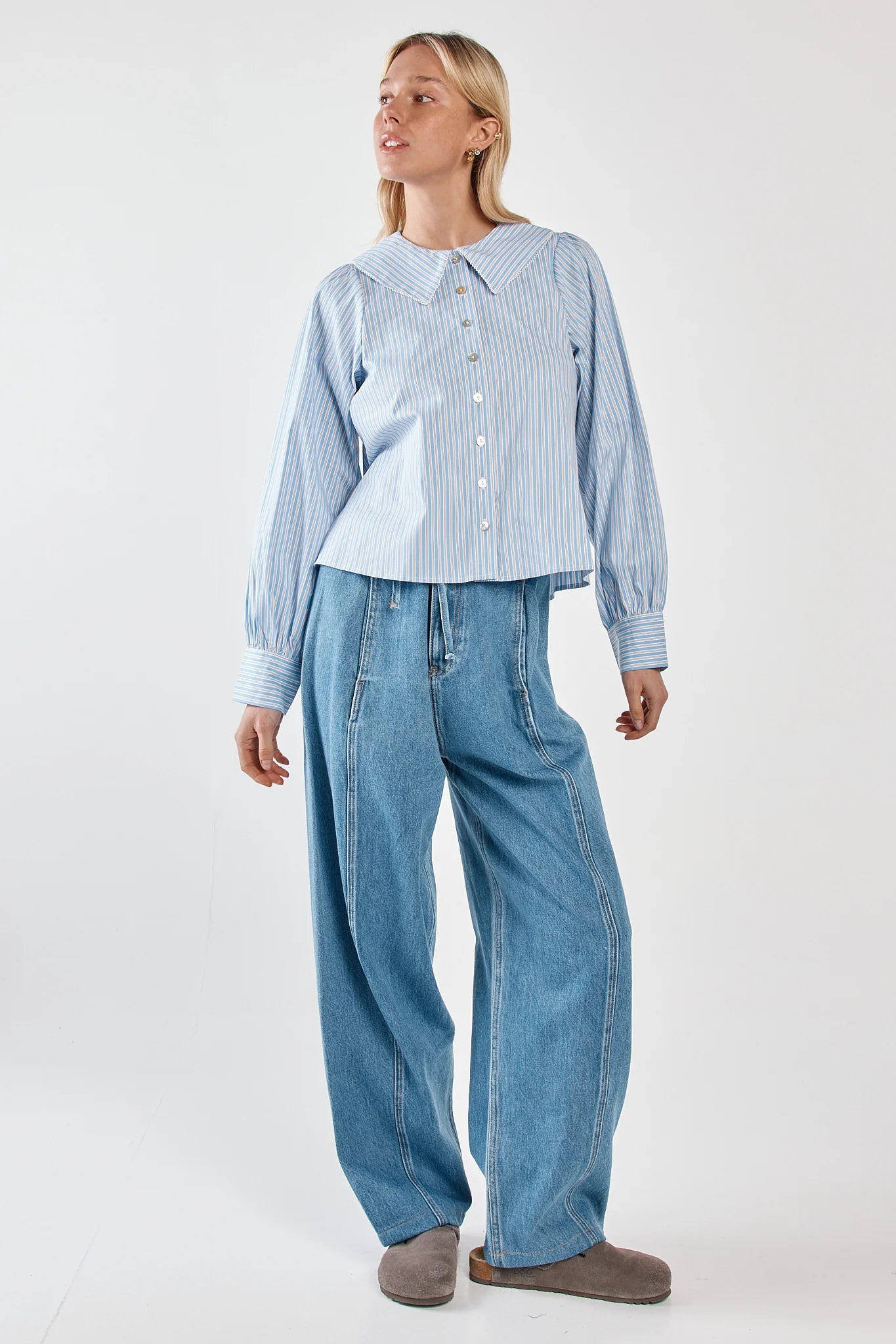 Sass Clothing - Gypsy Large Collared Shirt - Blue Choc Stripe