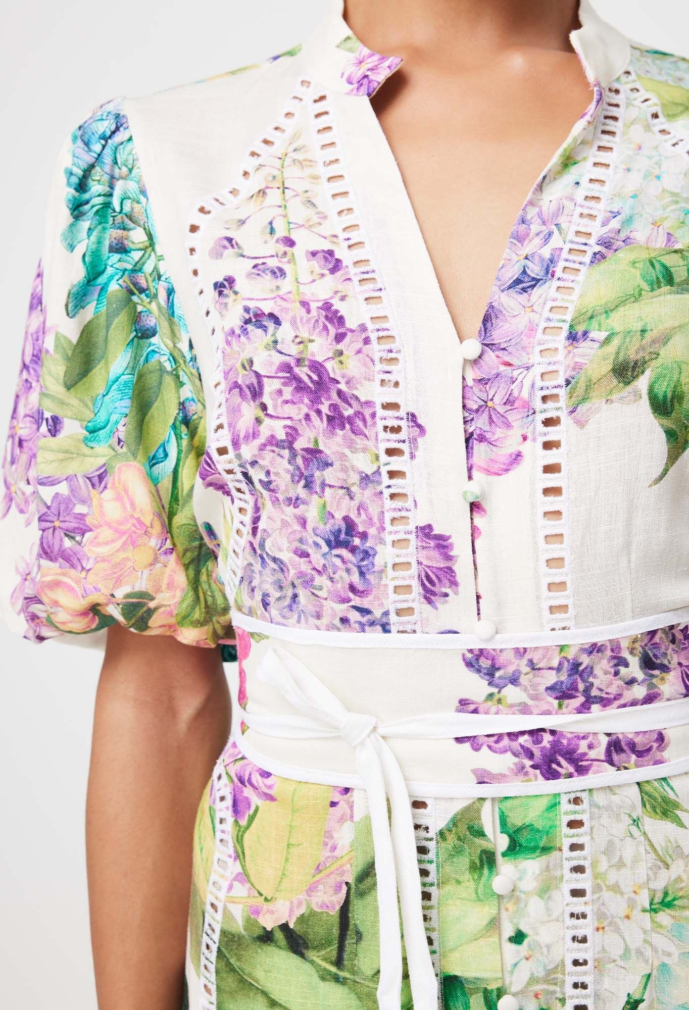 Once Was - Carlyle Embroidered Linen Viscose Dress - Wisteria Alba