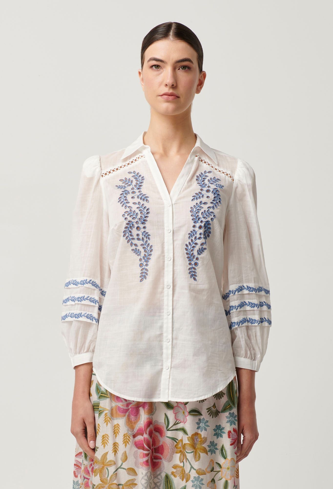 Once Was - Fleurine Embroidered Cotton Slub Shirt - Milk