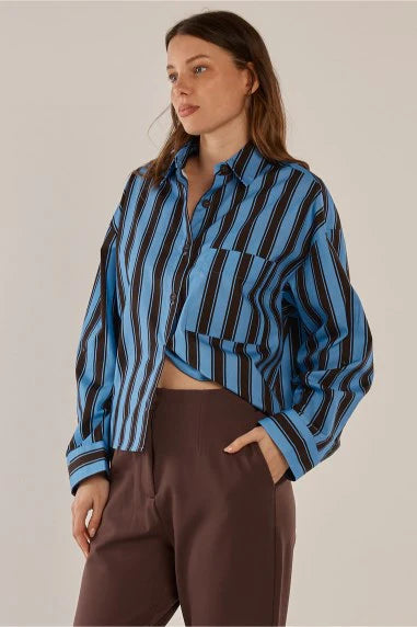 Betty Basics - Erin Crop Shirt - Chocolate/Cornflower Stripe