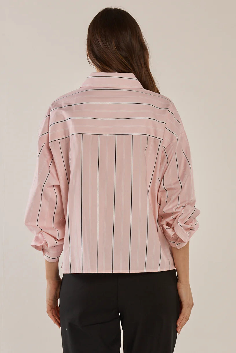 Betty Basics - Erin Crop Shirt - Pink/Chocolate Stripe