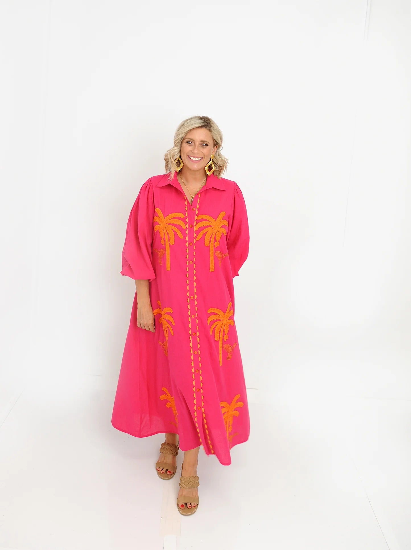 Palm Midi Dress - Pink Orange Palm