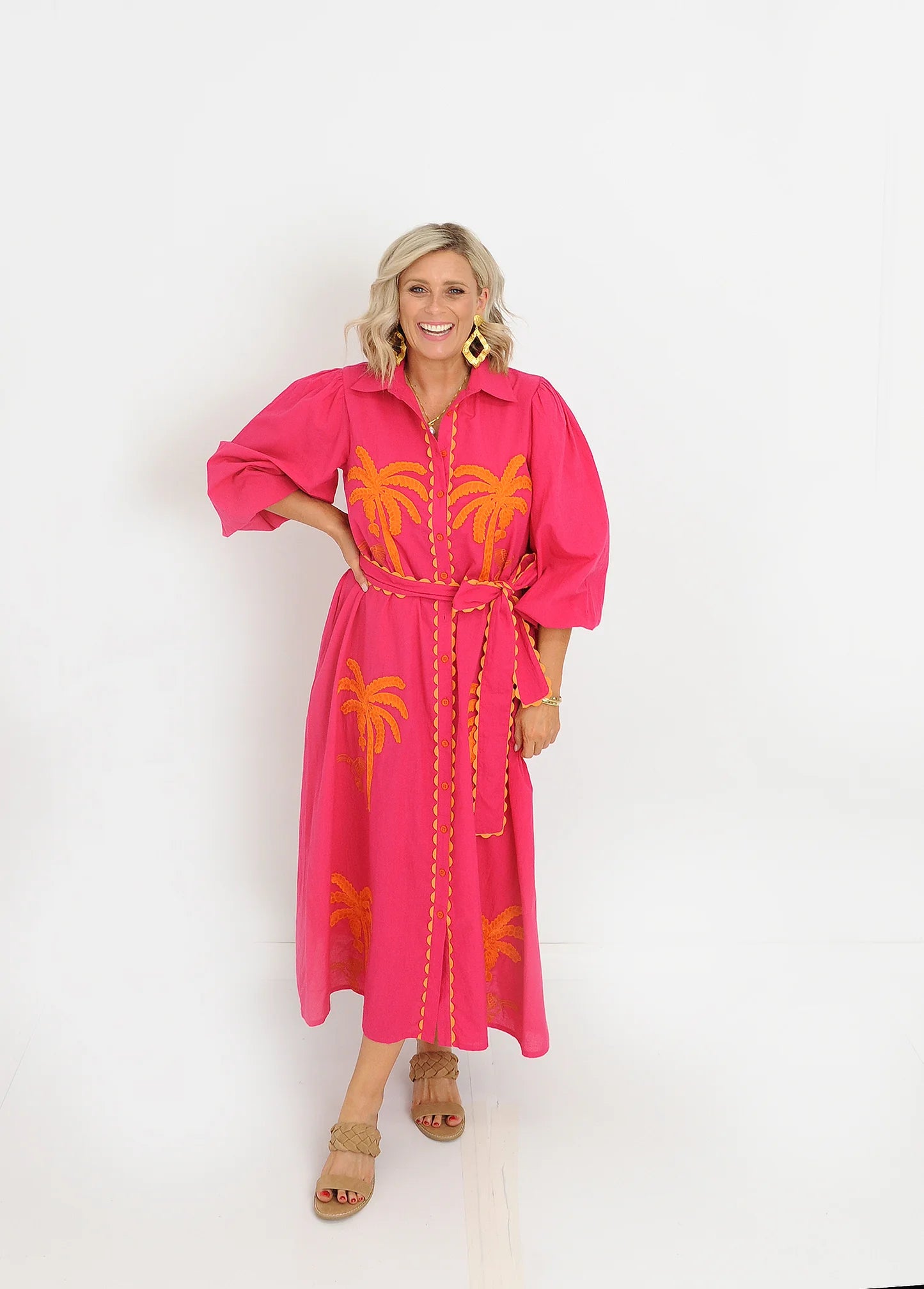 Palm Midi Dress - Pink Orange Palm