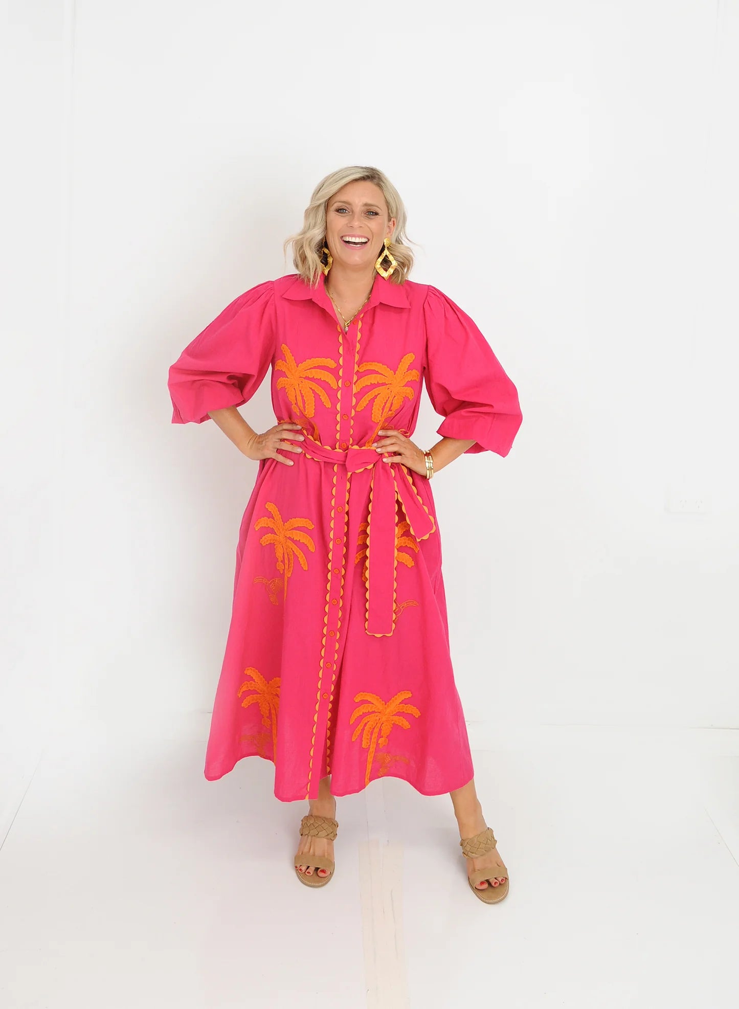 Palm Midi Dress - Pink Orange Palm