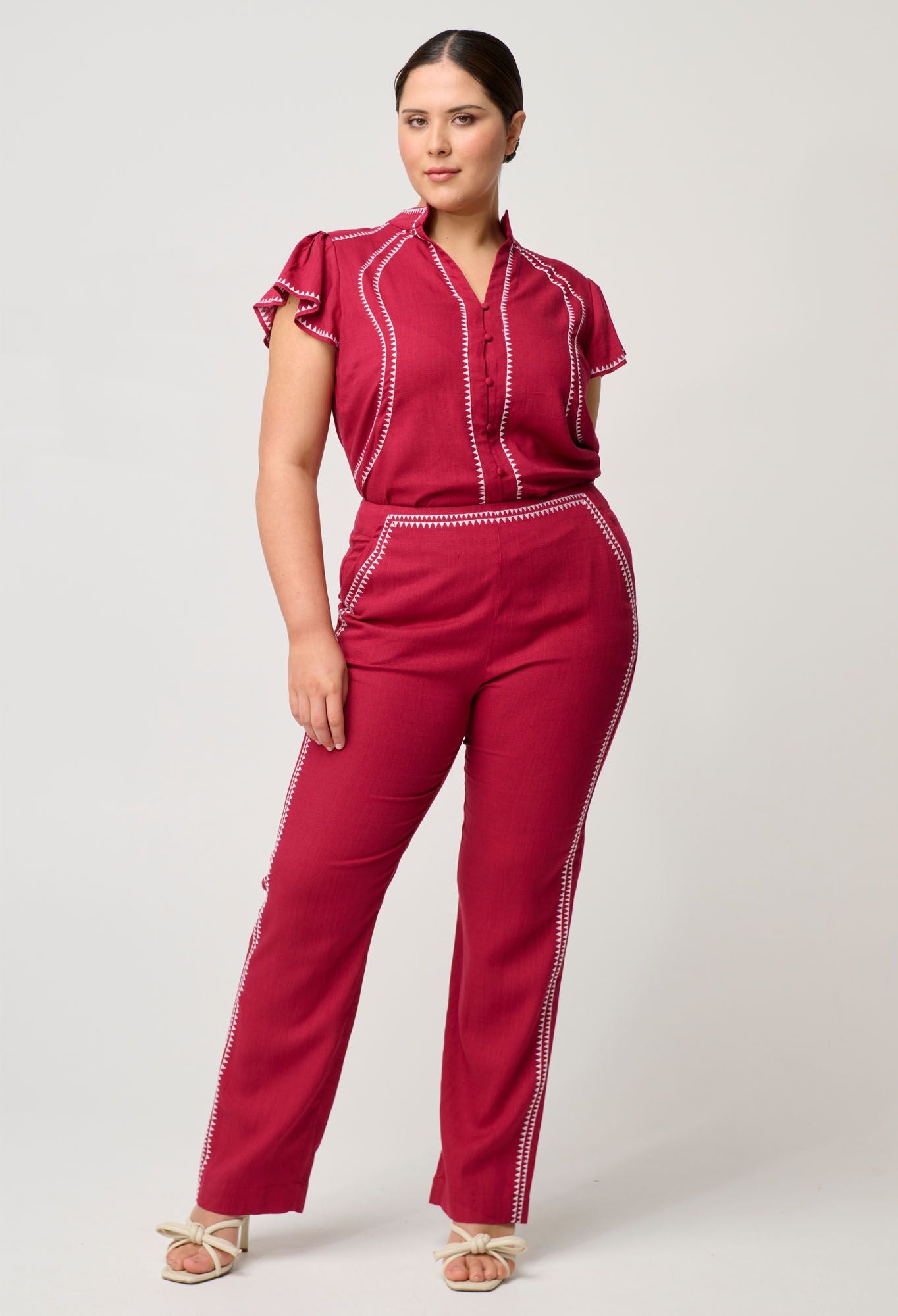 Once Was - Carlyle Embroidered Linen Viscose Pant - Crimson