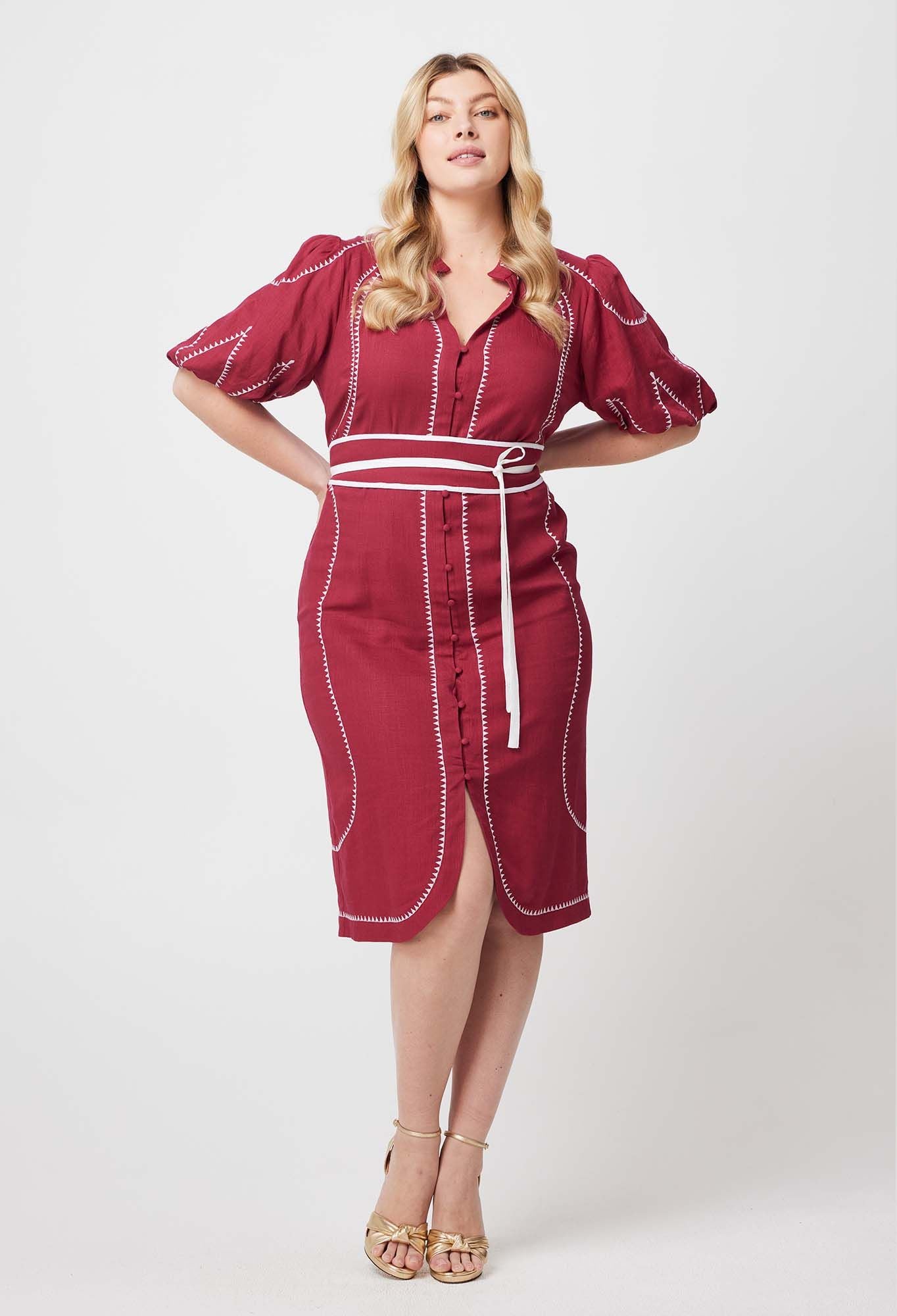 Once Was - Carlyle Embroidered Linen Viscose Dress - Crimson