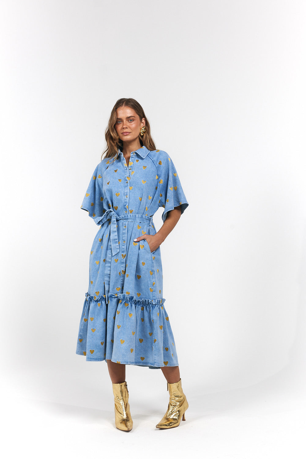 La Bohème Girls - Moxie Midi Dress - Denim Hearts