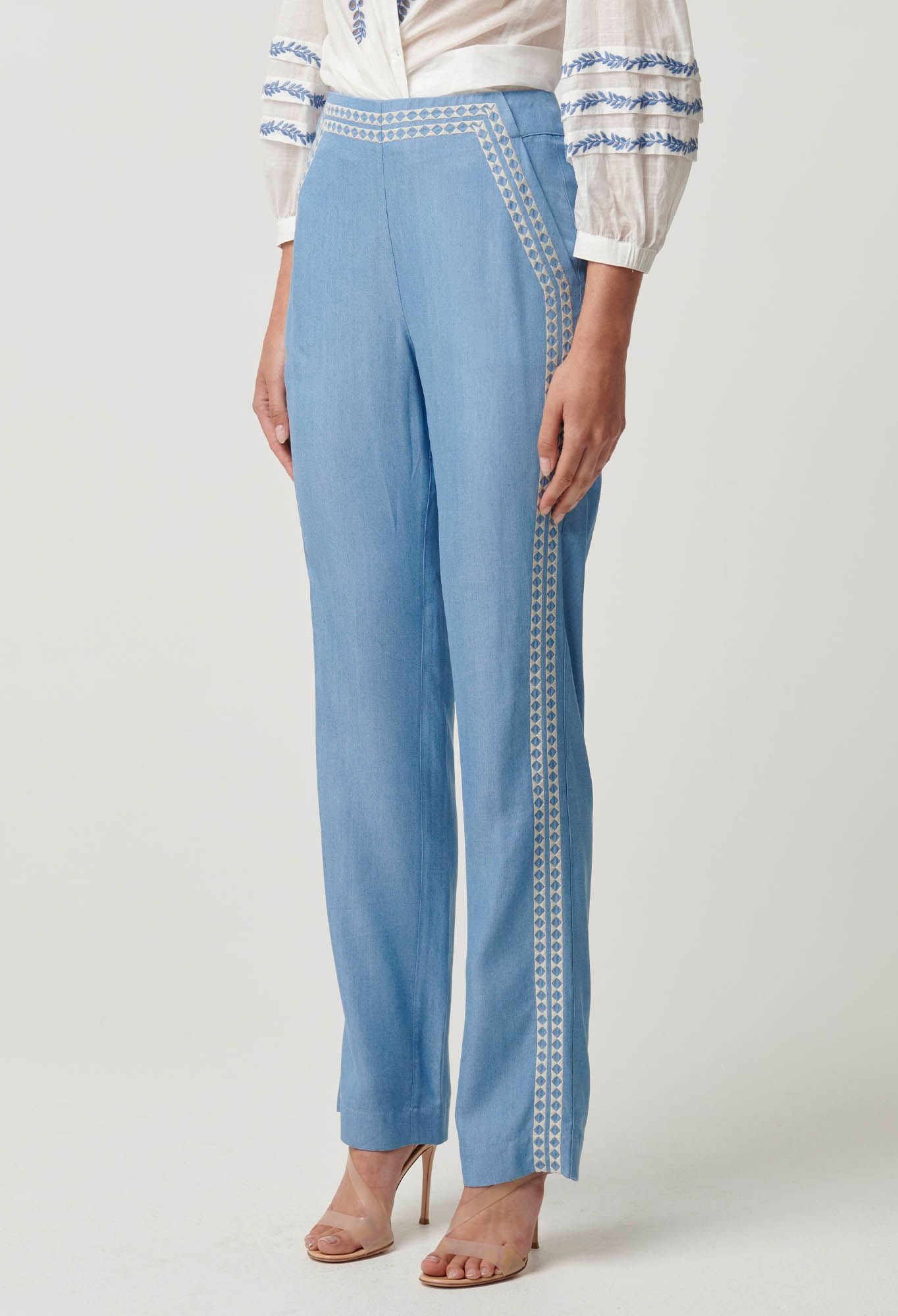 Once Was - Ophelia Tencel Embroidered Pant - Cornflower