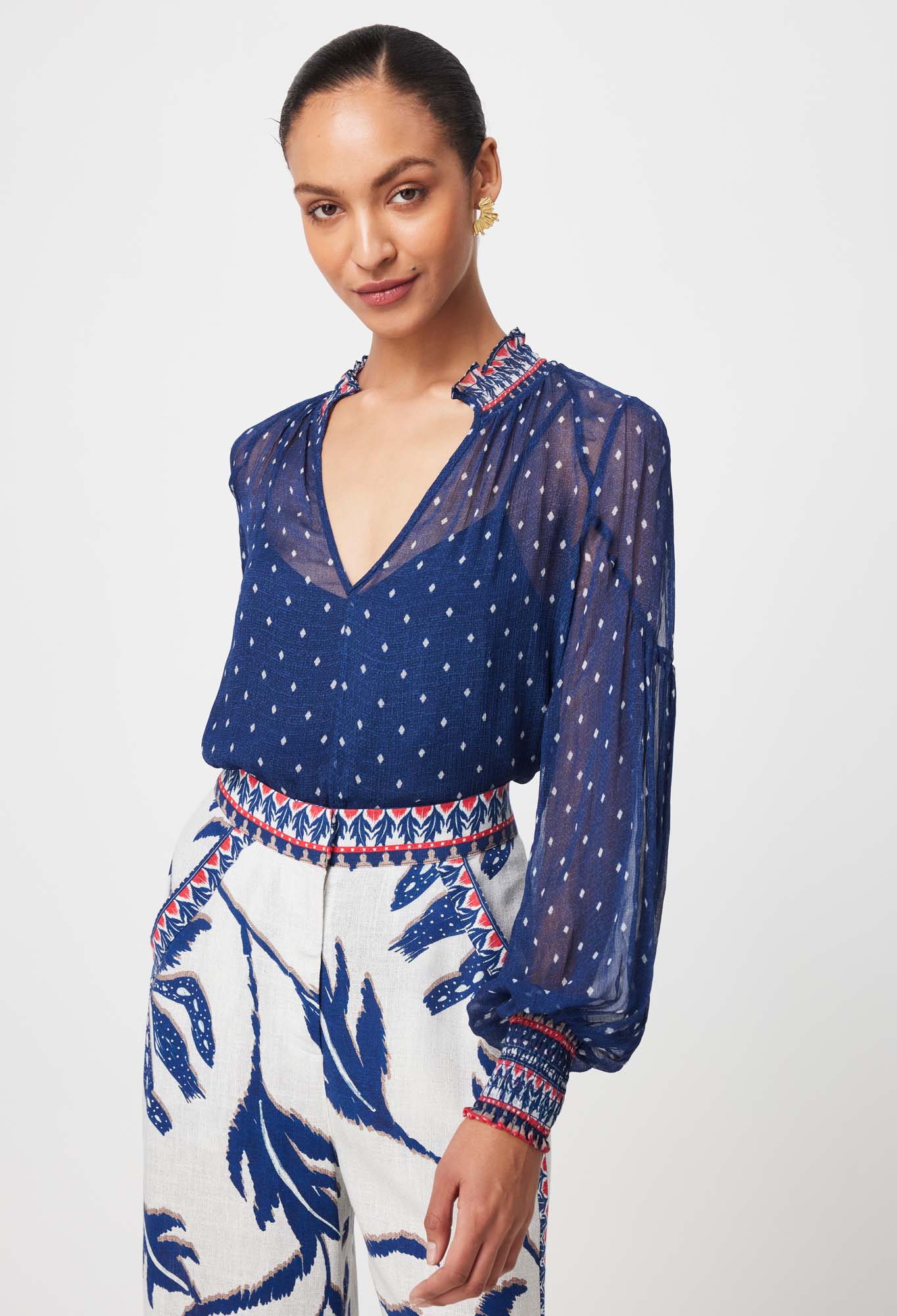 Once Was - Phoenix Viscose. Chiffon Blouse - Lapis Spot