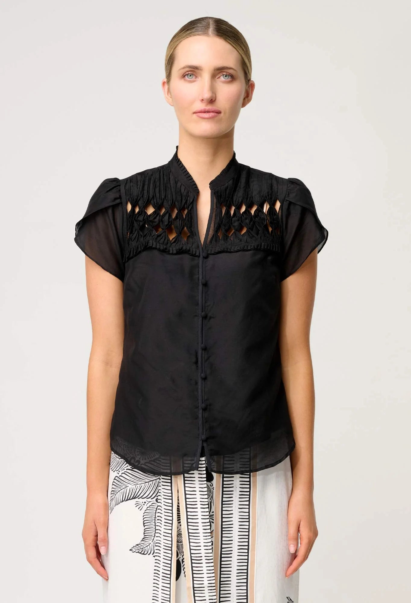 Once Was - Dalia Diamond Smock Yoke Silk Cotton Shirt - Onyx