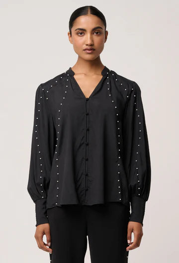 Once Was - Marcela Pearl Embellished Cupro Viscose Stretch Shirt - Black
