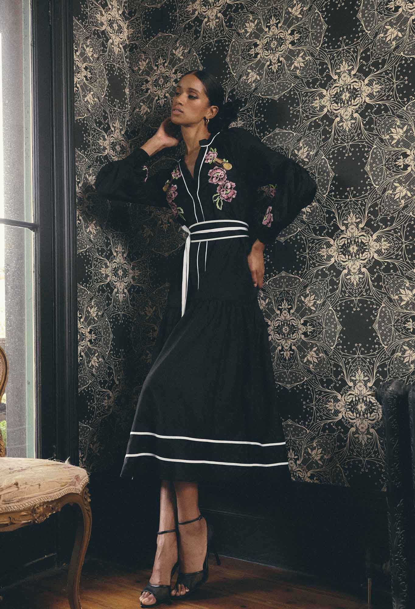 Once Was - Catalina Embroidered Cotton Silk Maxi Dress - Black Flores