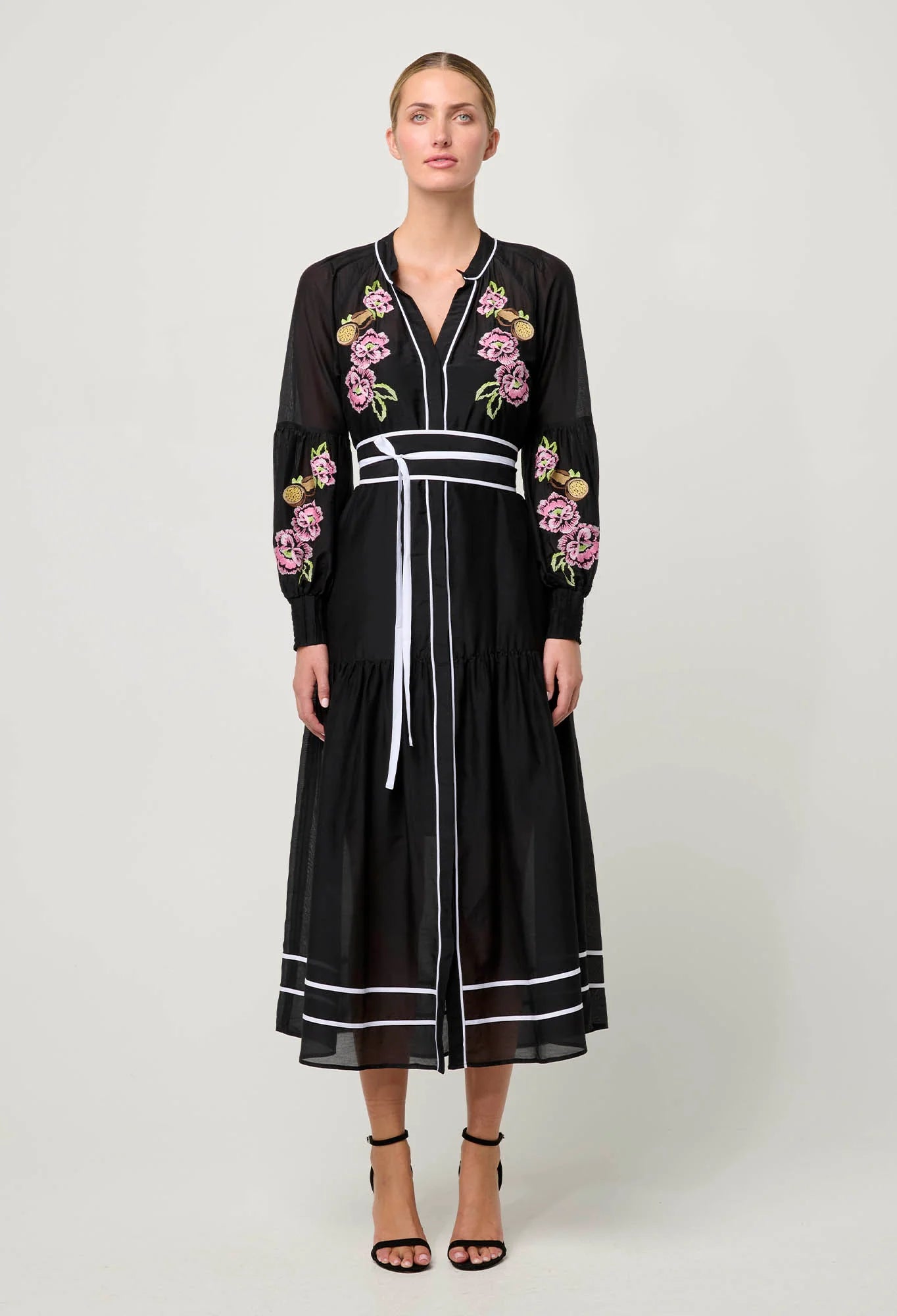 Once Was - Catalina Embroidered Cotton Silk Maxi Dress - Black Flores