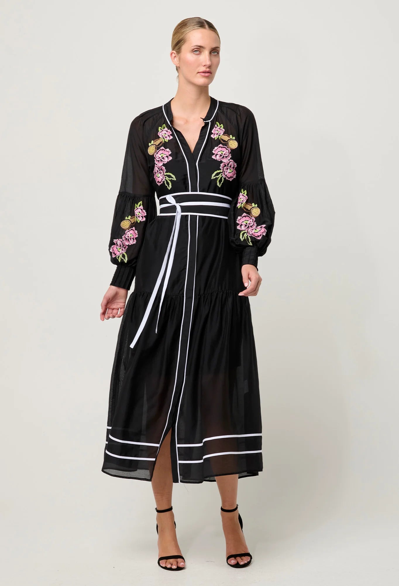 Once Was - Catalina Embroidered Cotton Silk Maxi Dress - Black Flores