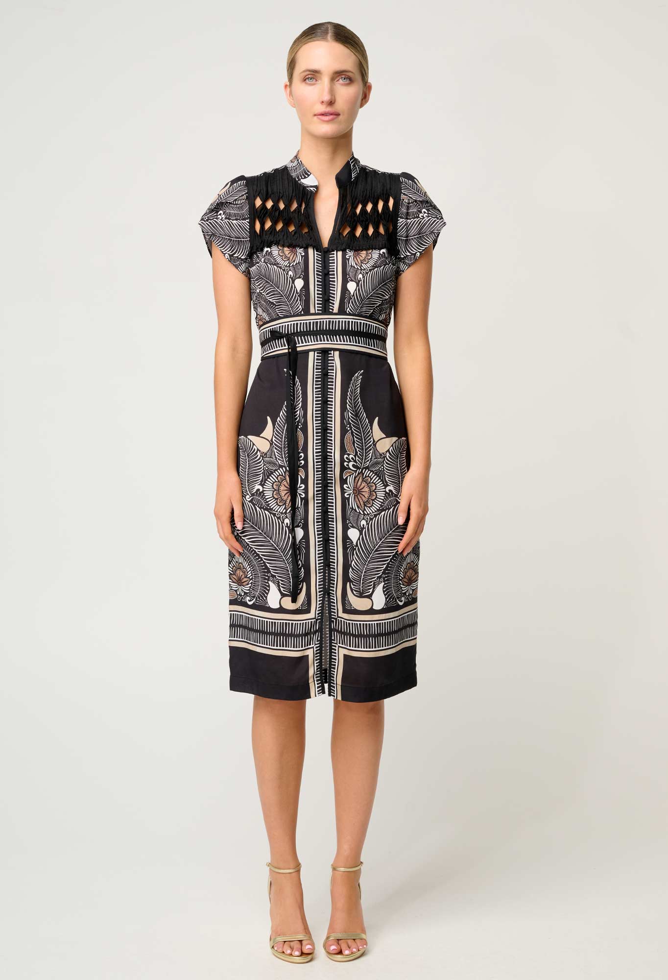 Once Was - Maha Diamond Smock Yoke Viscose Faille Dress - Onyx Casablanca