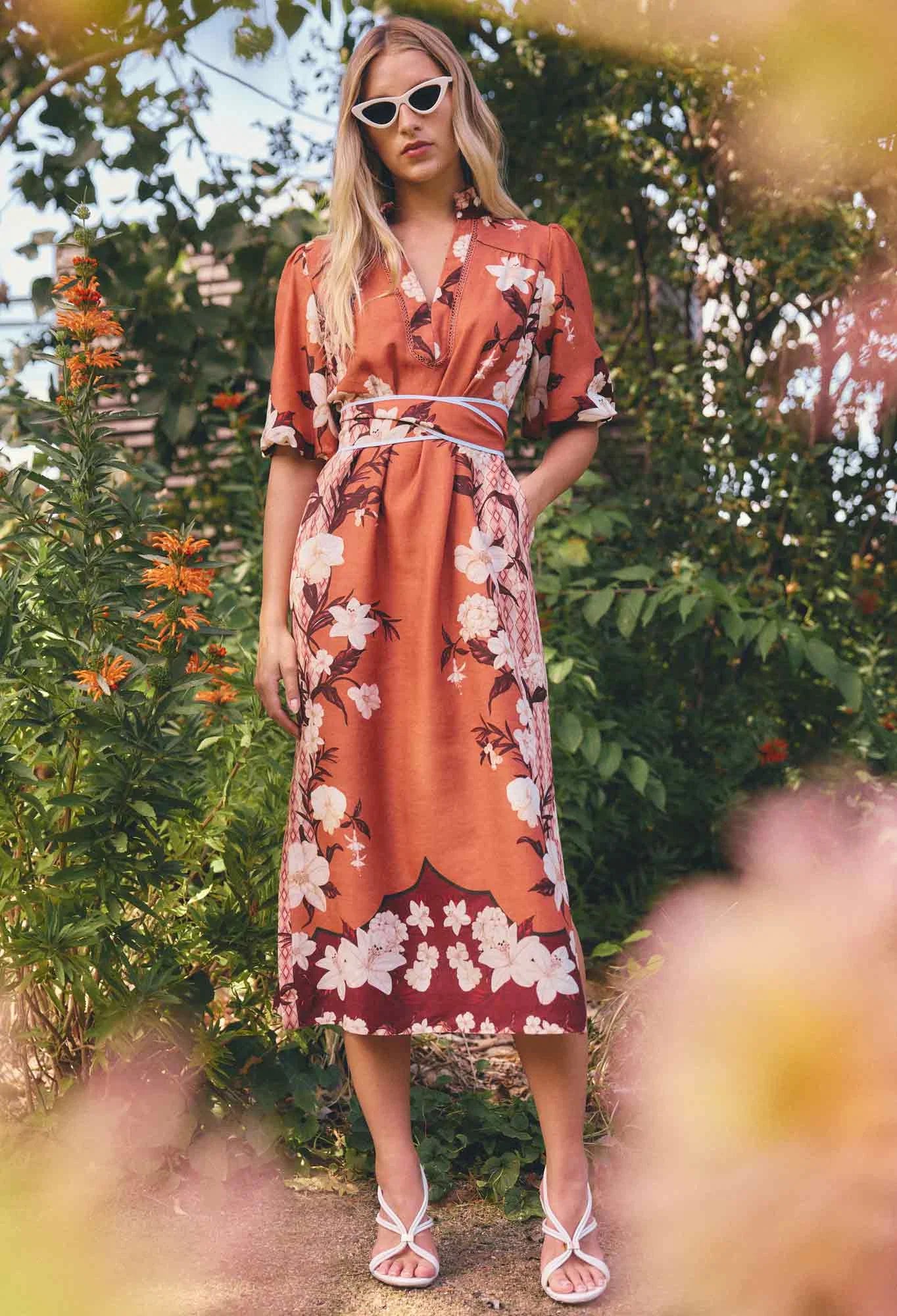 Once Was - Gisela Linen Viscose Printed Column Midi Dress - Amber Vine