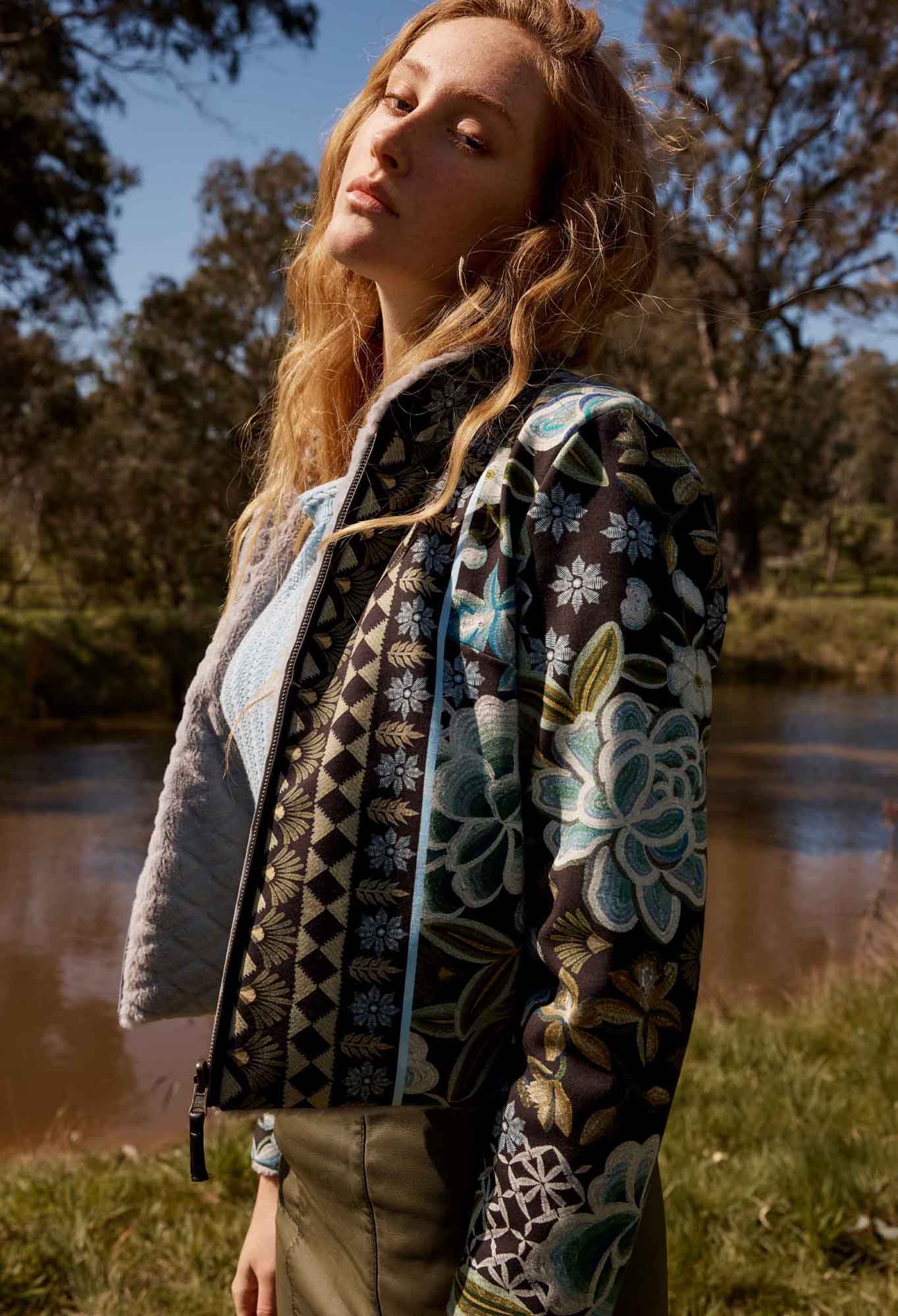 Once Was - Rylie Reversible Placement Print Ponte & Faux Fur Jacket - Dahlia Fields