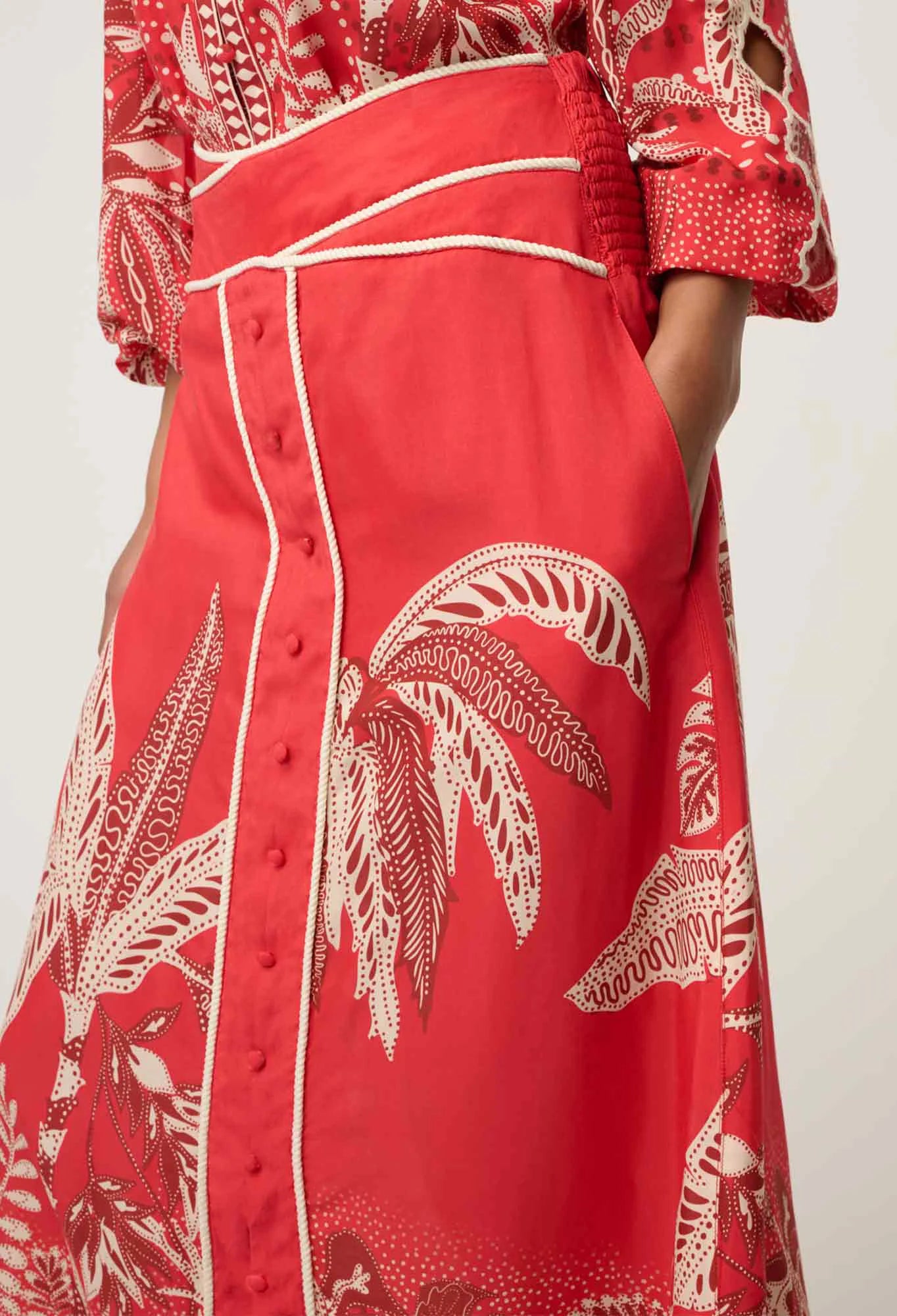Once Was - Harper Viscose Faille Print Criss Cross Waist Panel Skirt - Crimson Palms