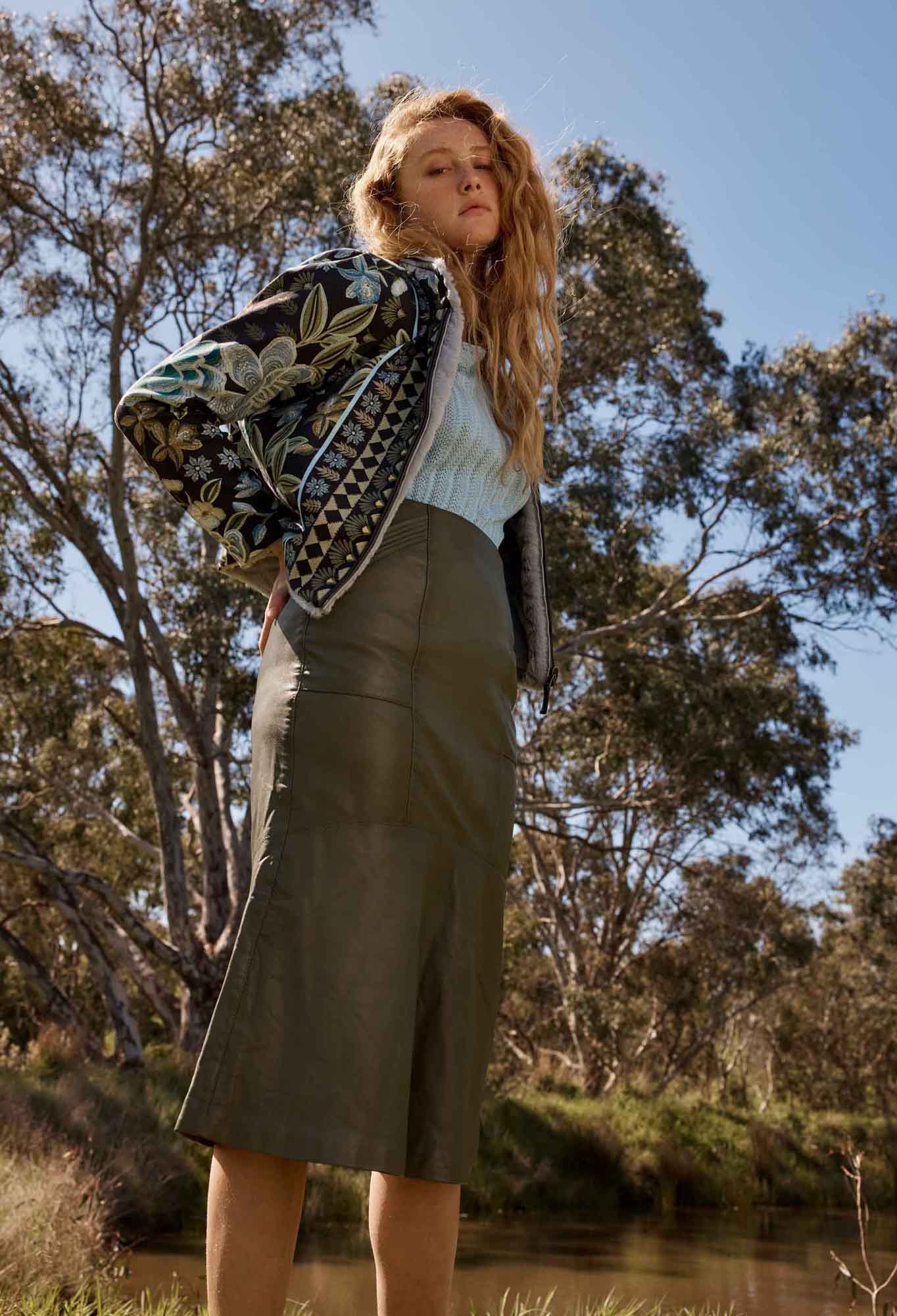 Once Was - Mabel Leather Cured Tier Skirt - Moss