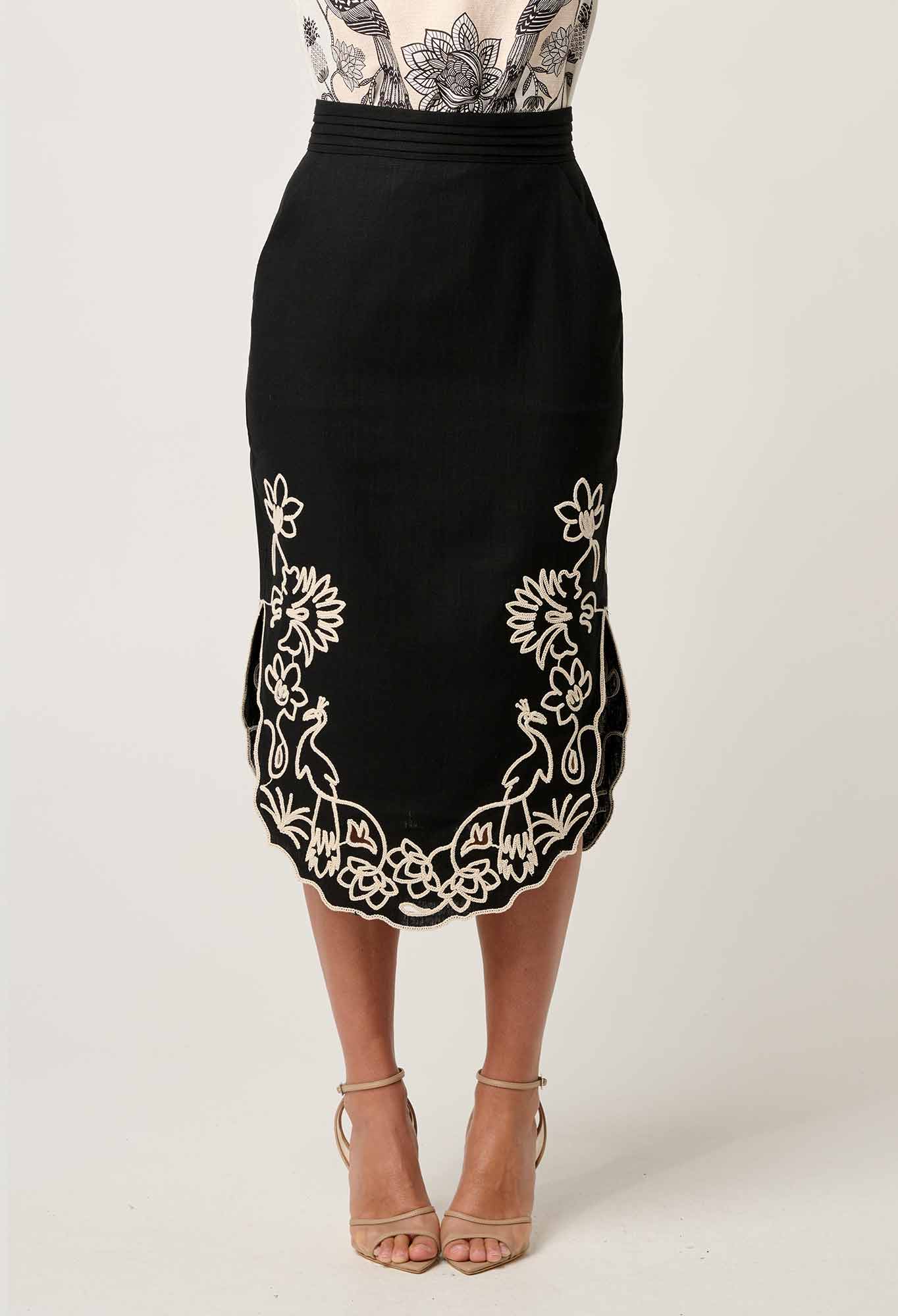 Once Was - Cascadia Embroidered Linen Viscose Midi Skirt - Black