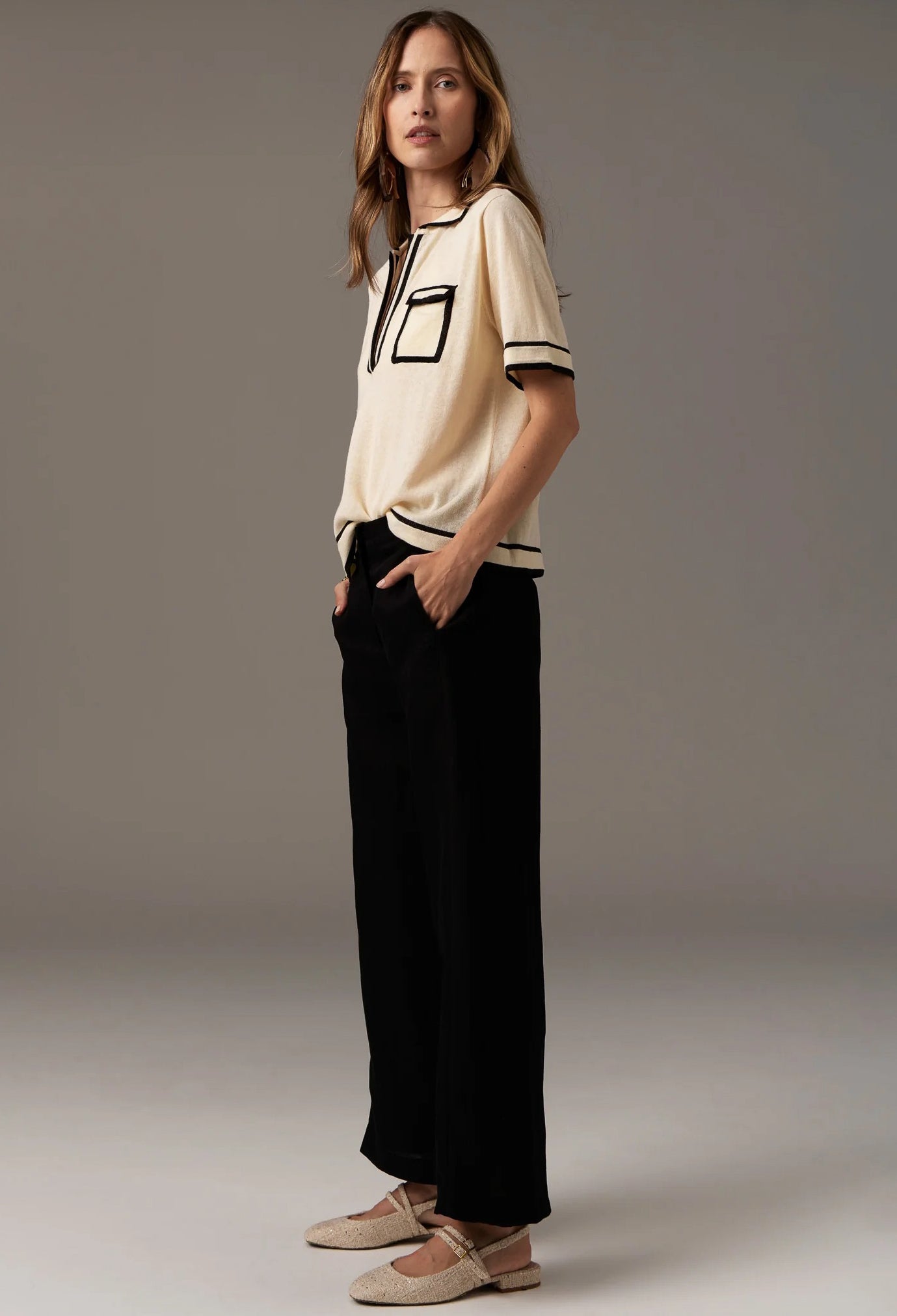 Pol Clothing - Sela Knit Polo - Ivory Black