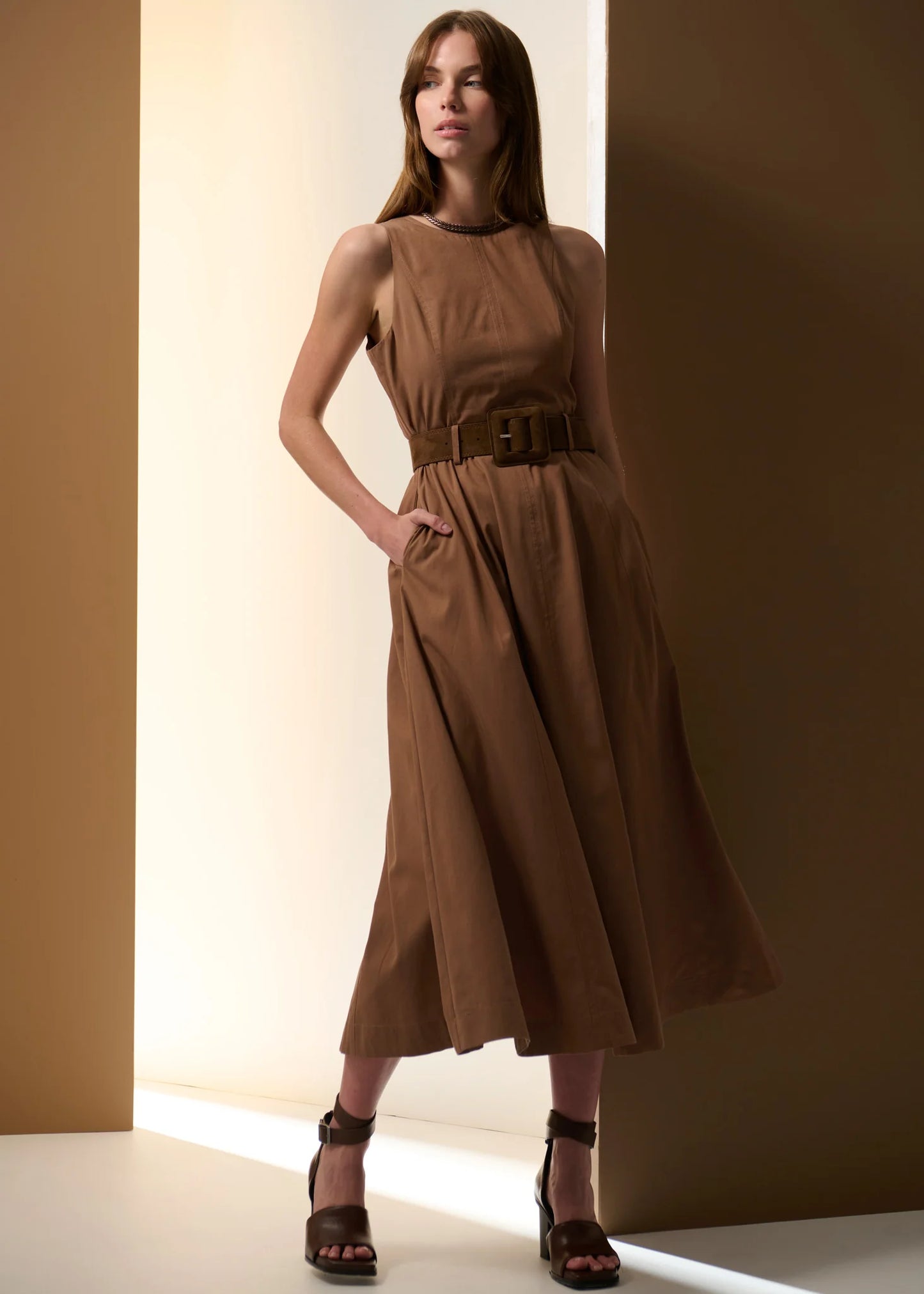 Pol Clothing - Odette Belted Dress - Chocolate