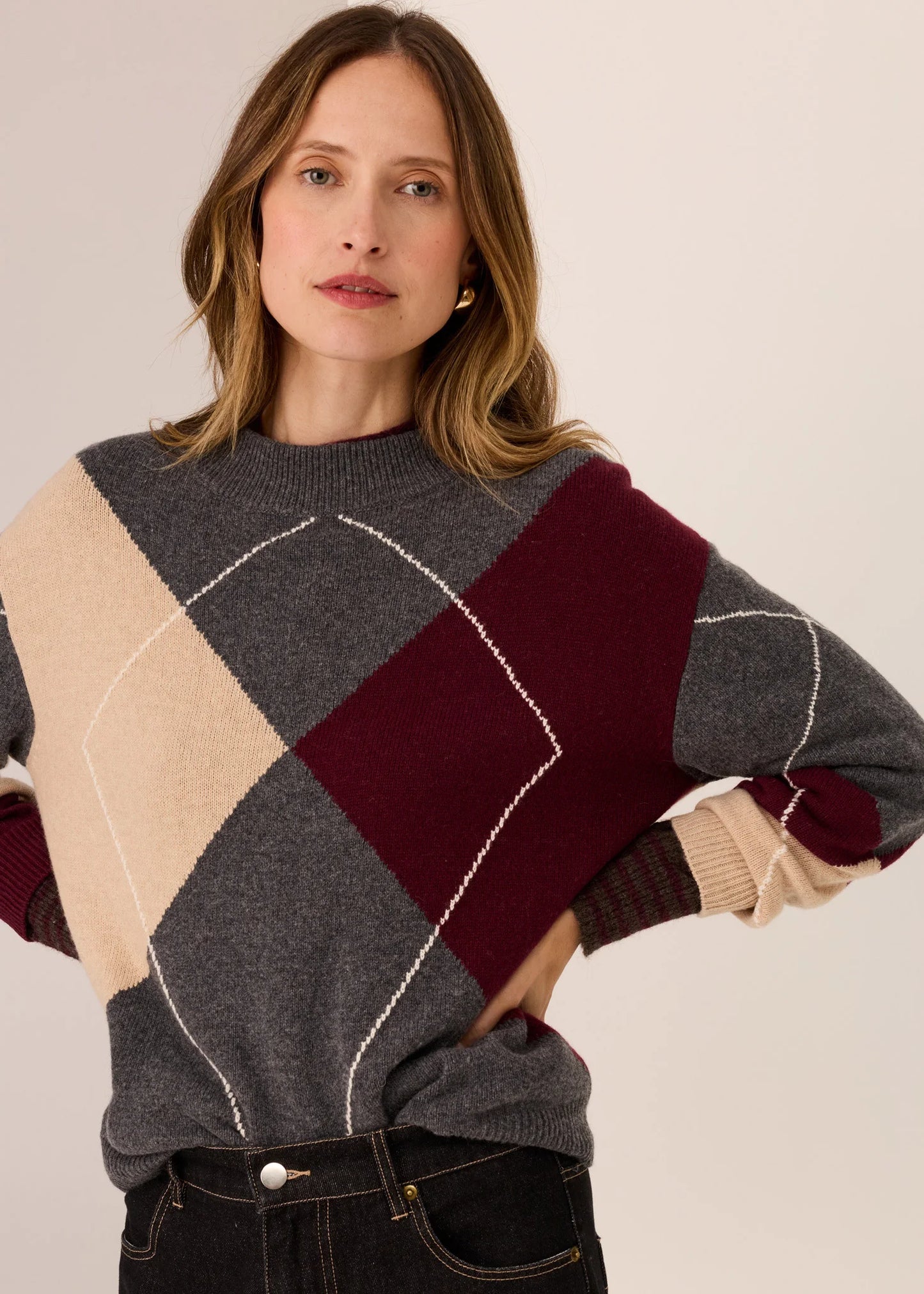 Pol Clothing - Loren Argyle Knit - Char/Merlot/Pebble