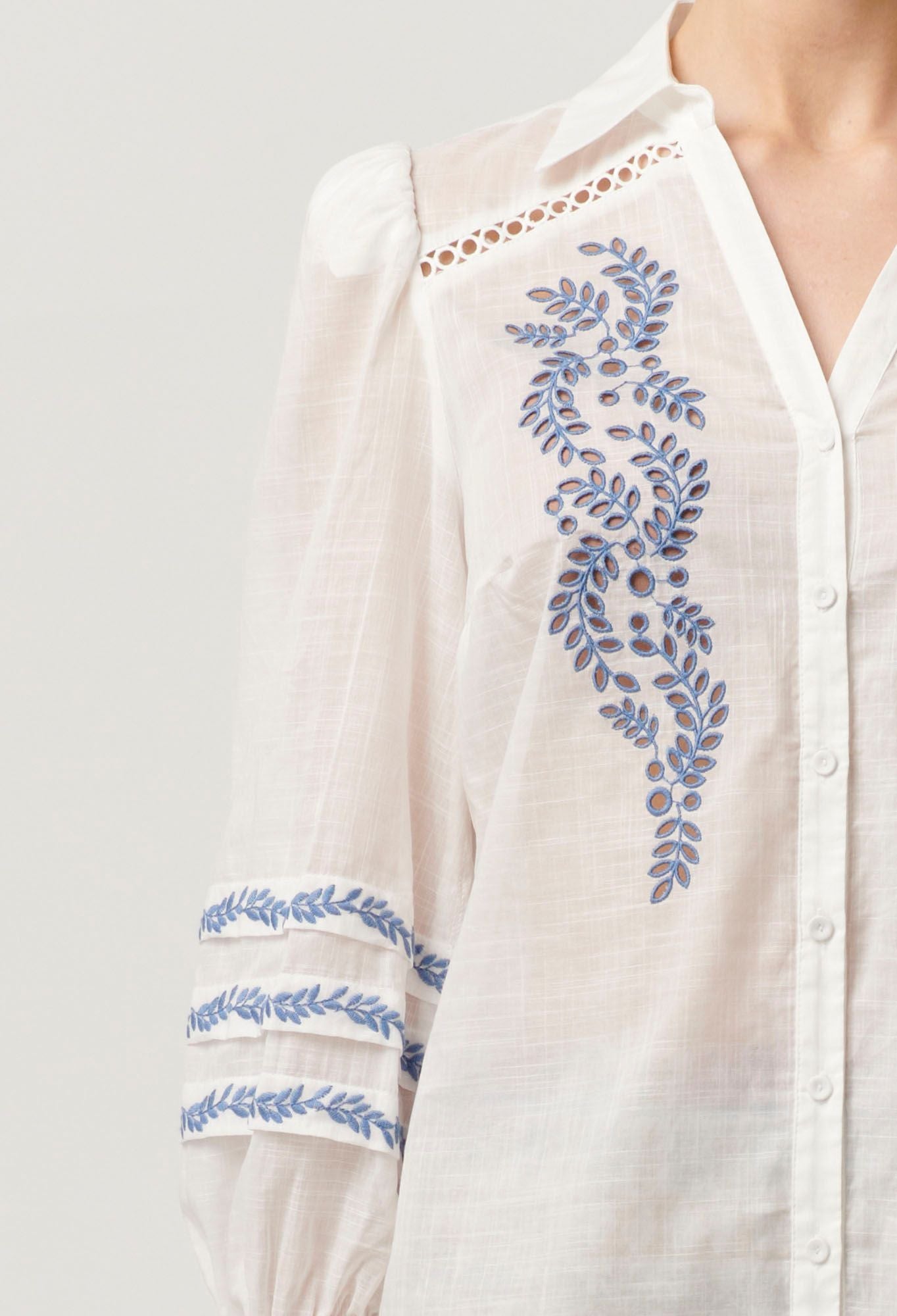 Once Was - Fleurine Embroidered Cotton Slub Shirt - Milk