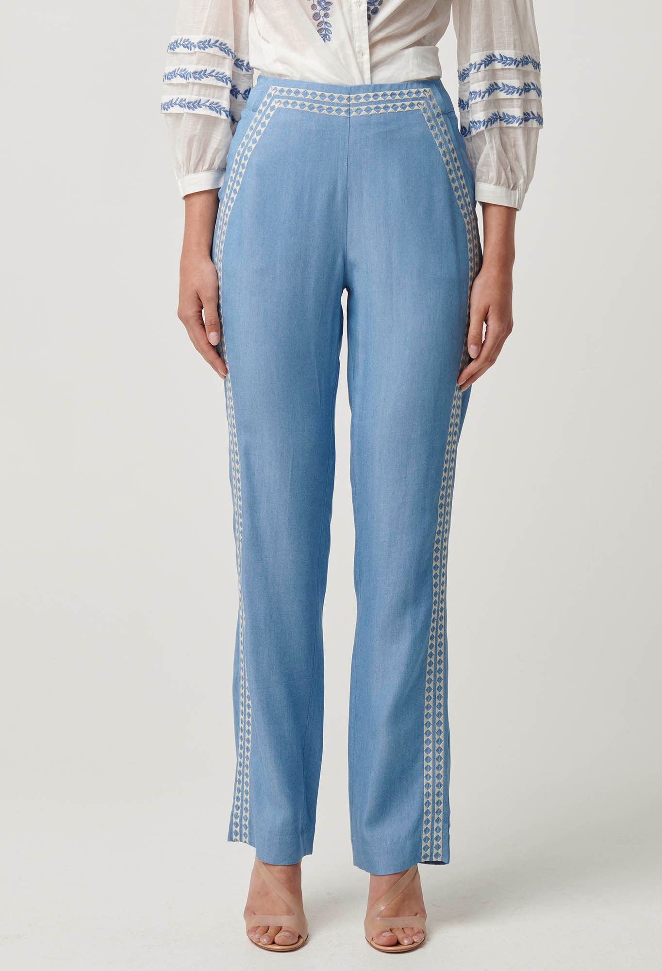 Once Was - Ophelia Tencel Embroidered Pant - Cornflower