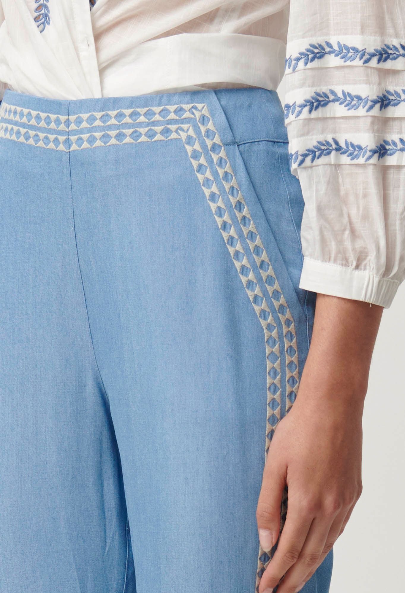 Once Was - Ophelia Tencel Embroidered Pant - Cornflower