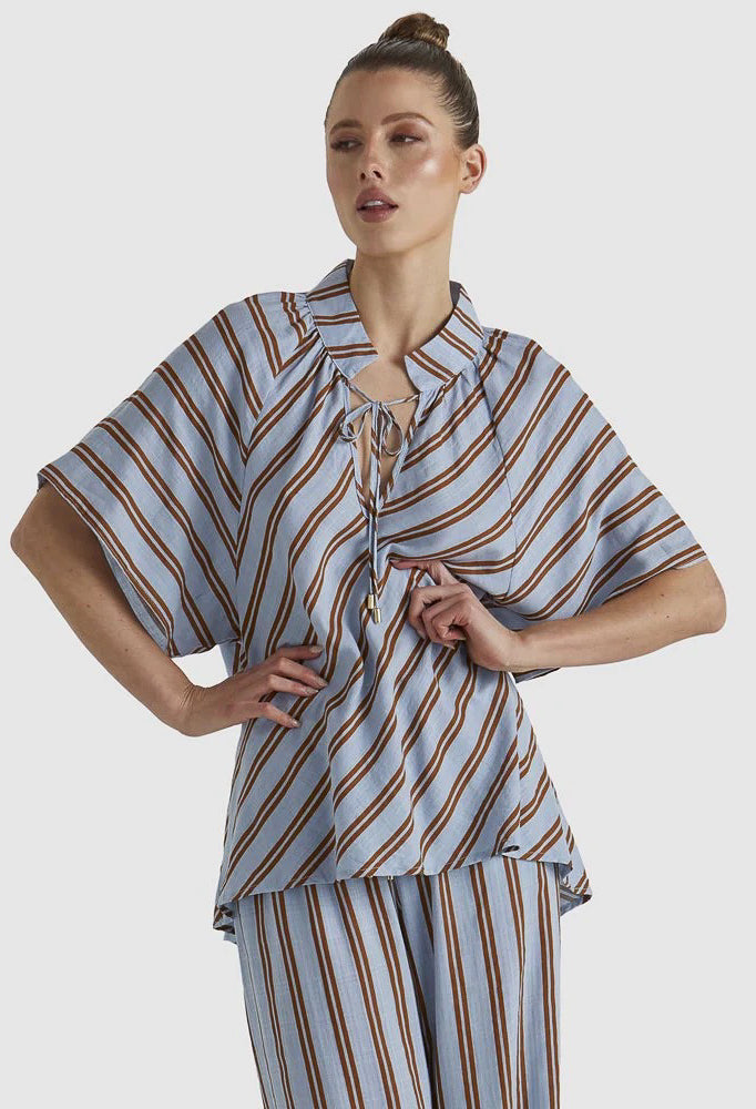 Fate & Becker - Grounded Blouse - Blue/Tobacco Stripe
