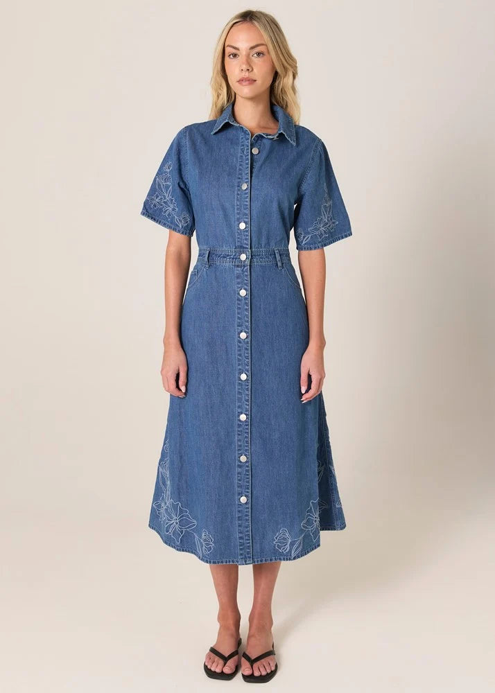30% OFF - Fate & Becker - Sloane Embroidered Denim Dress - Mid Blue