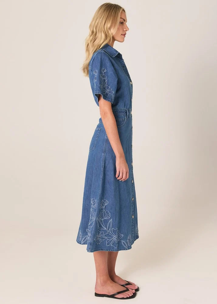 30% OFF - Fate & Becker - Sloane Embroidered Denim Dress - Mid Blue