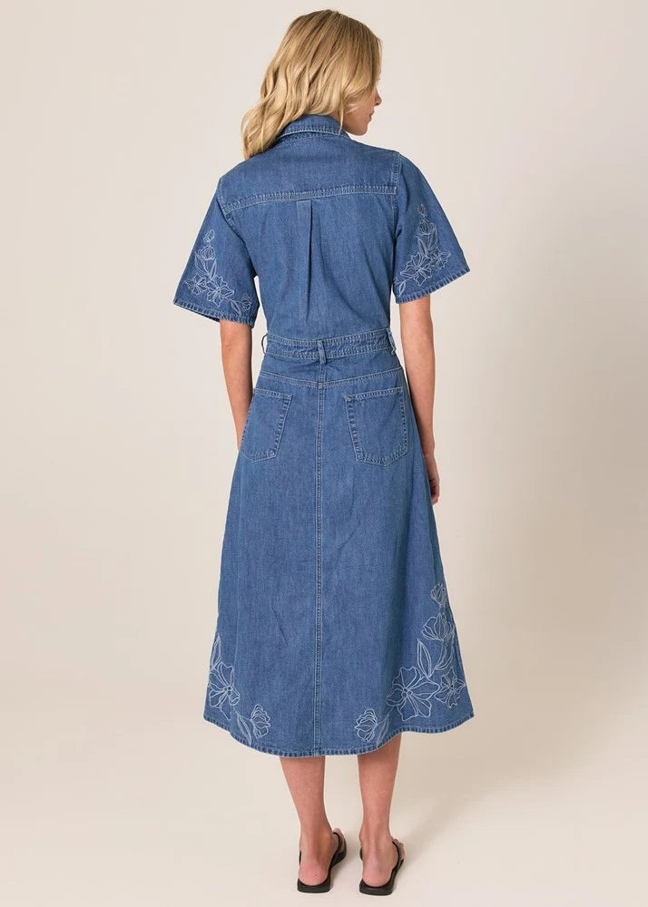 30% OFF - Fate & Becker - Sloane Embroidered Denim Dress - Mid Blue