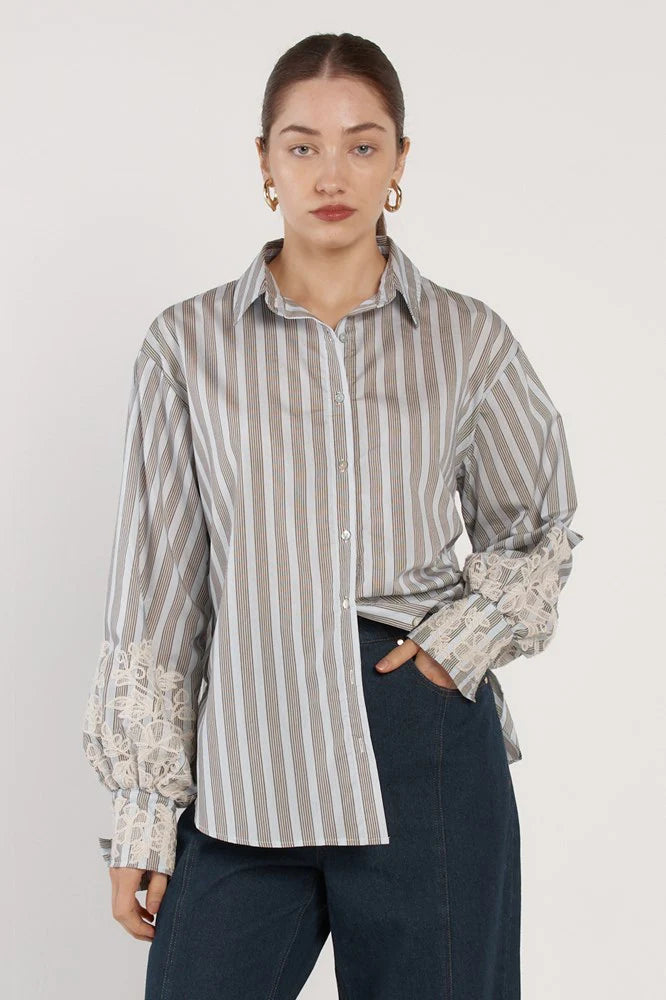 Fate & Becker - Paloma Striped Embroidered Shirt - Blue Stripe