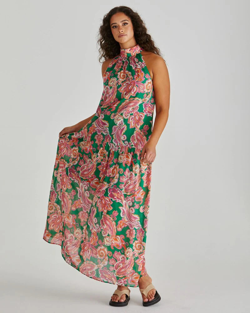 Sass Clothing - Malia Halter Dress - Pink Green Paisley