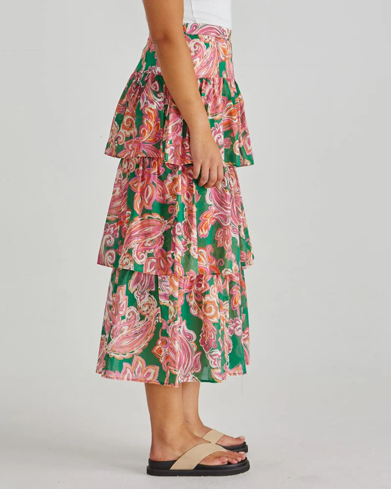 Sass Clothing - Malia Frill Layer Skirt - Pink Green Paisley