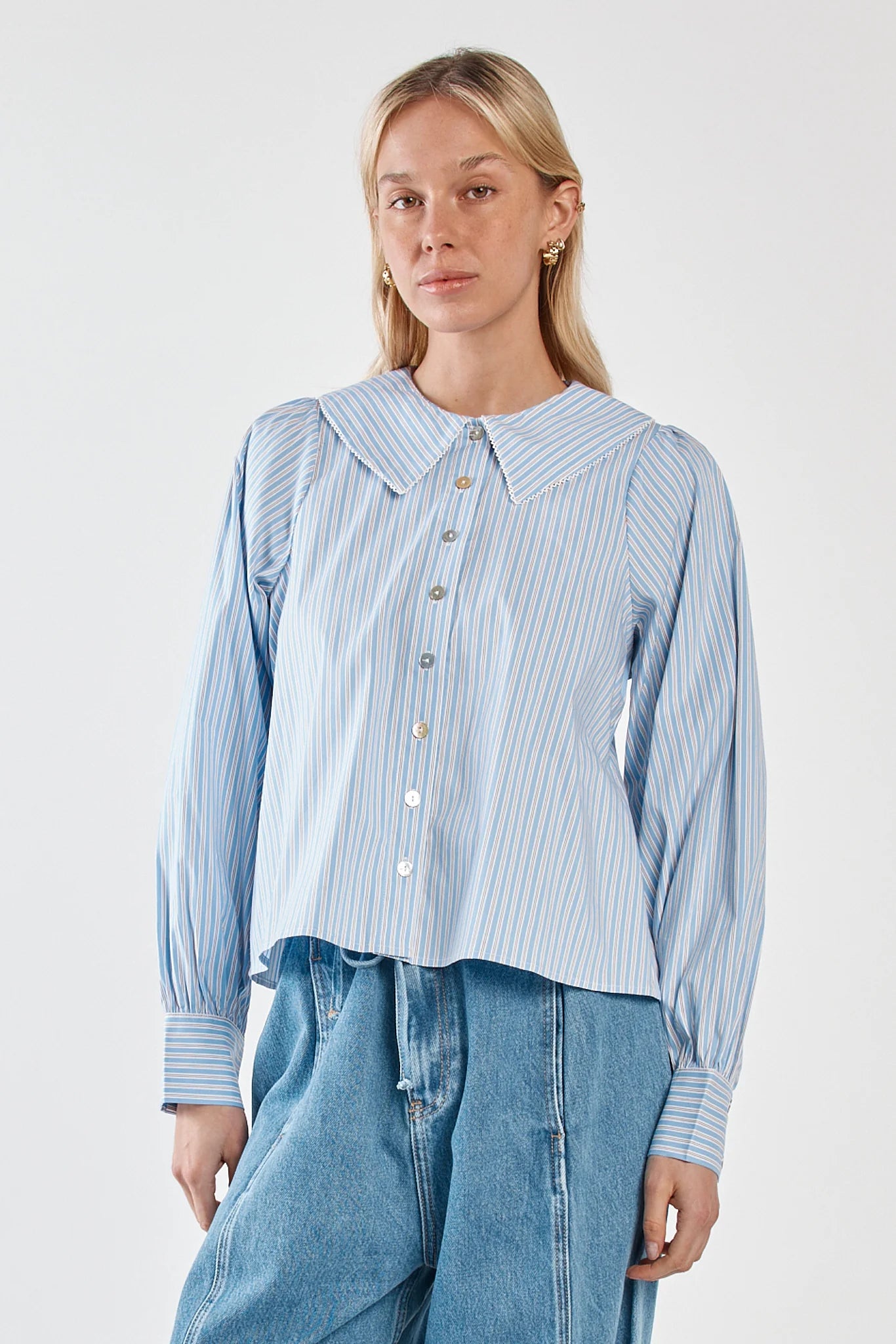 Sass Clothing - Gypsy Large Collared Shirt - Blue Choc Stripe