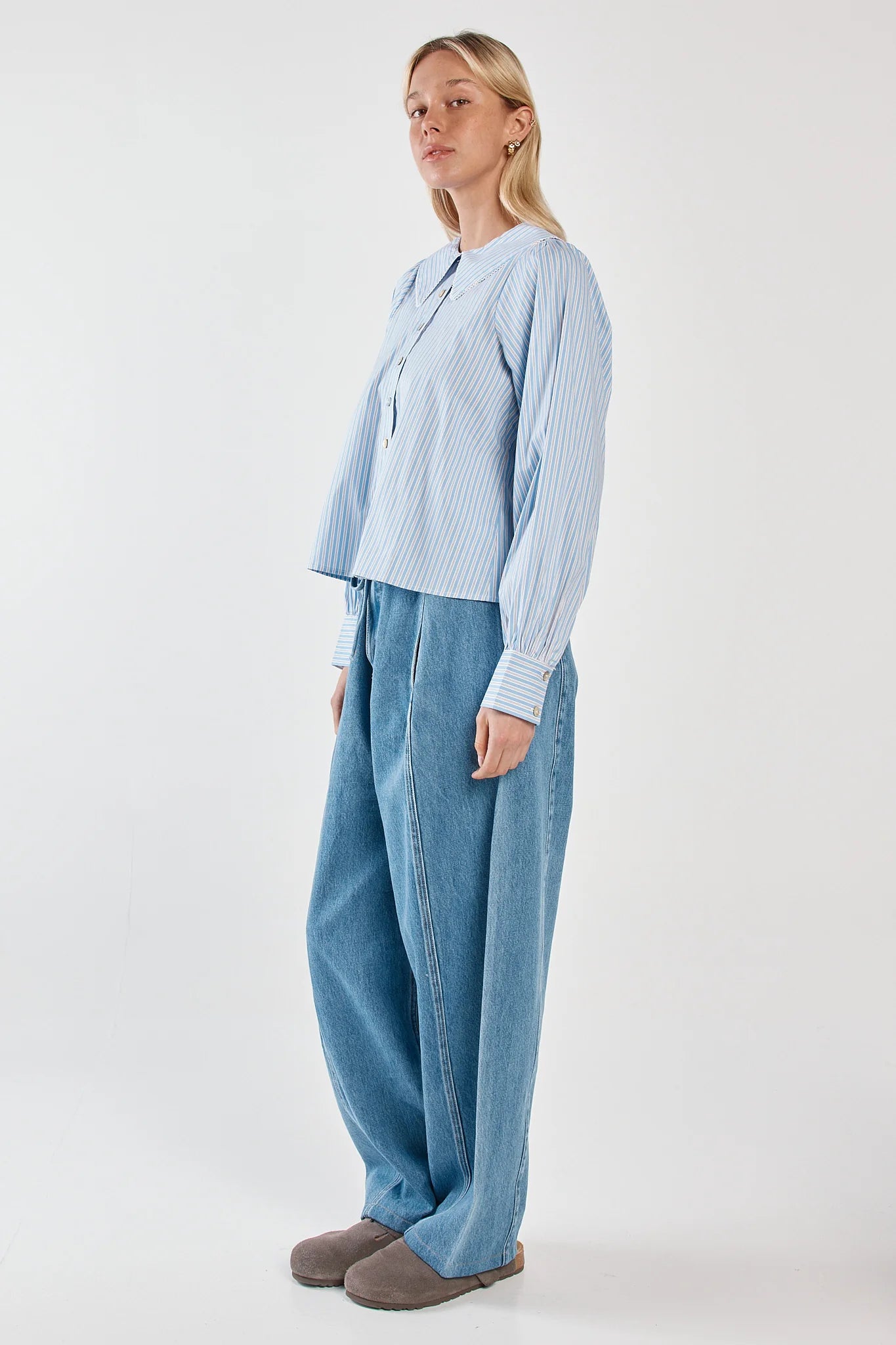 Sass Clothing - Gypsy Large Collared Shirt - Blue Choc Stripe