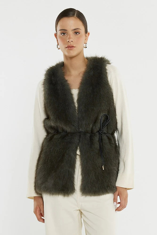 Sass Clothing - Riya Fur Gilet - Evergreen