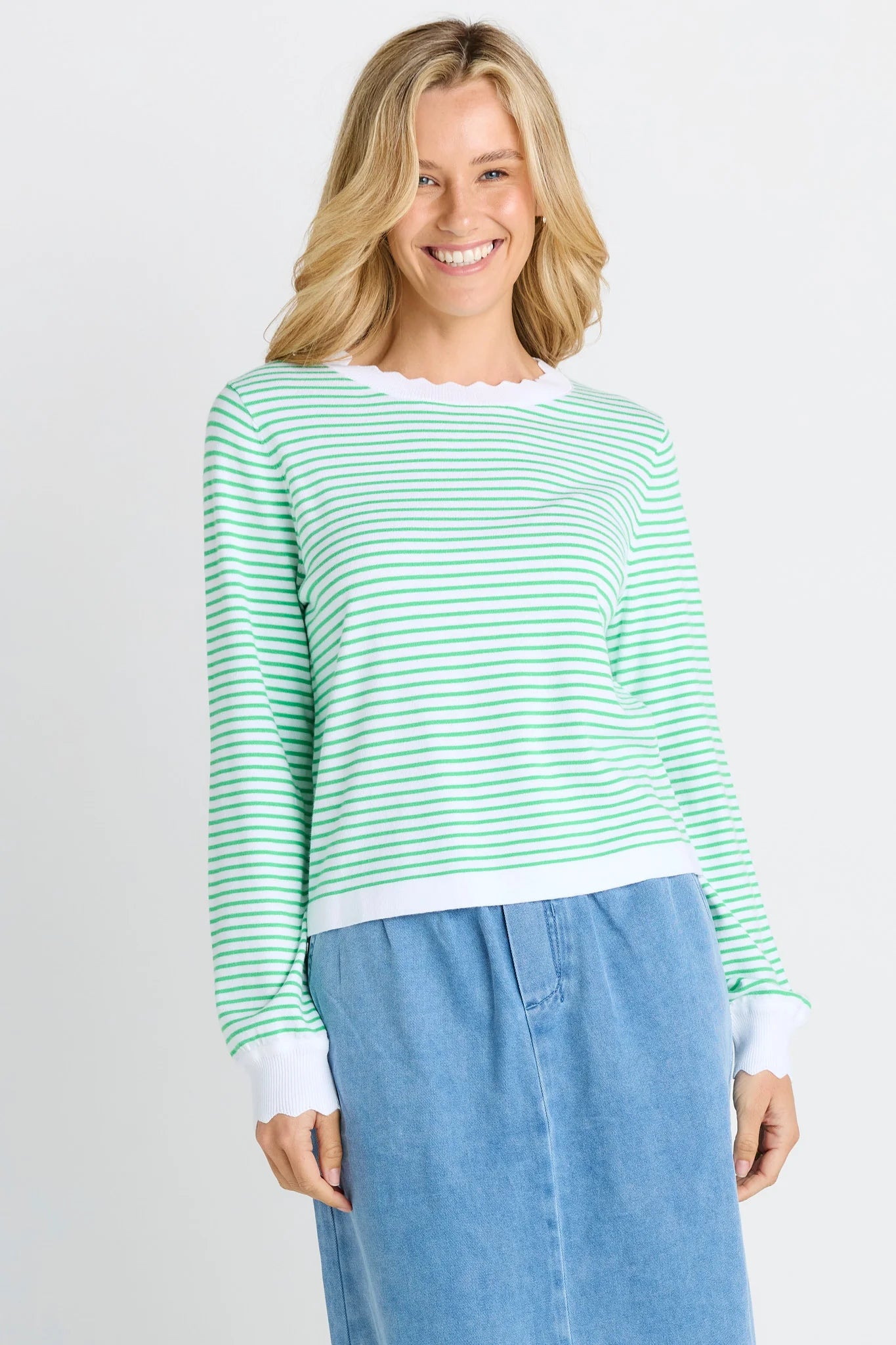 Betty Basics - Scallop Knit Sweater - Green Stripe