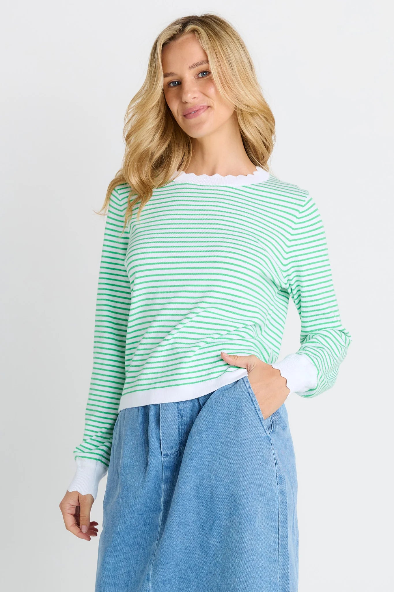 Betty Basics - Scallop Knit Sweater - Green Stripe