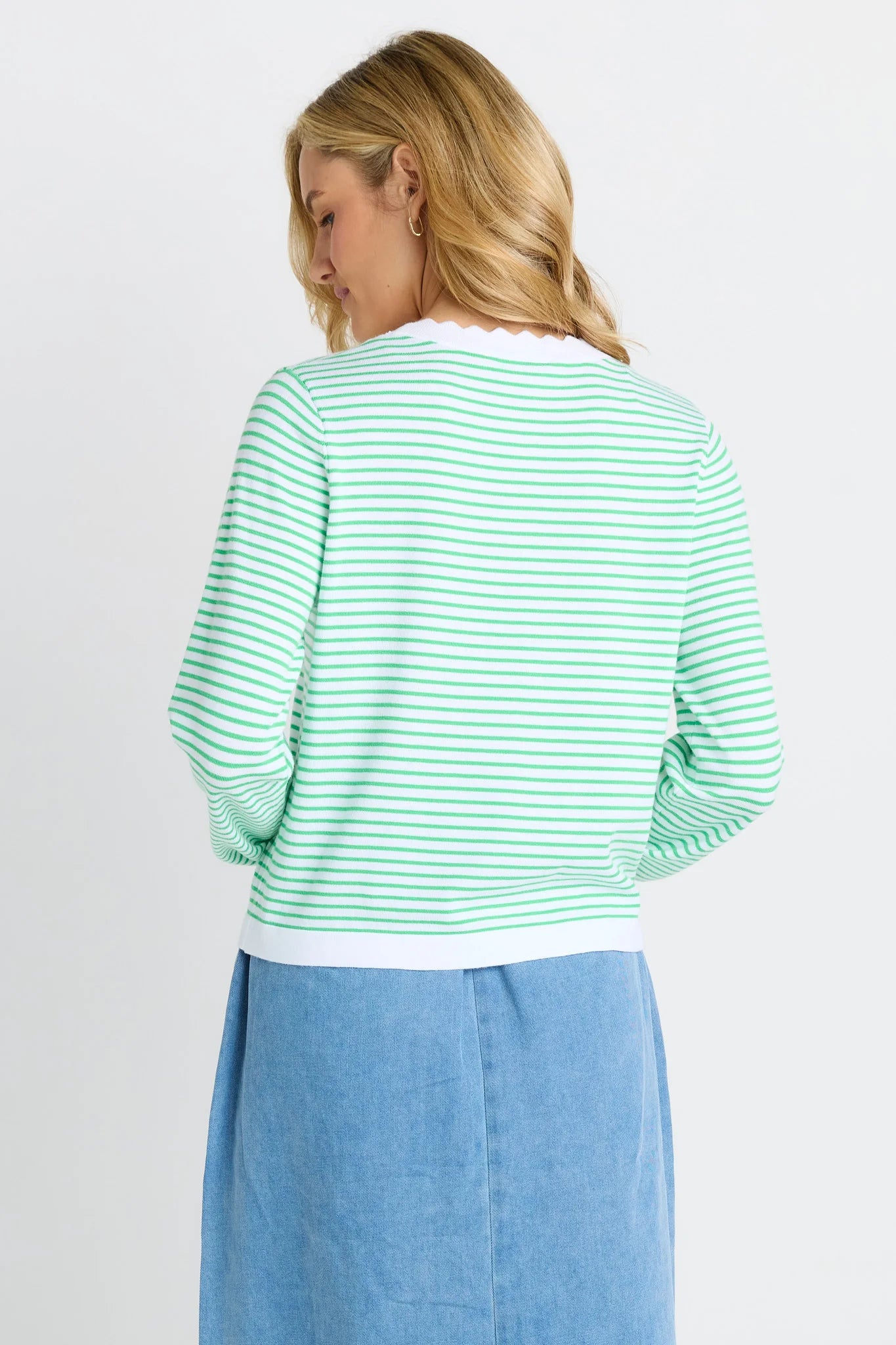 Betty Basics - Scallop Knit Sweater - Green Stripe