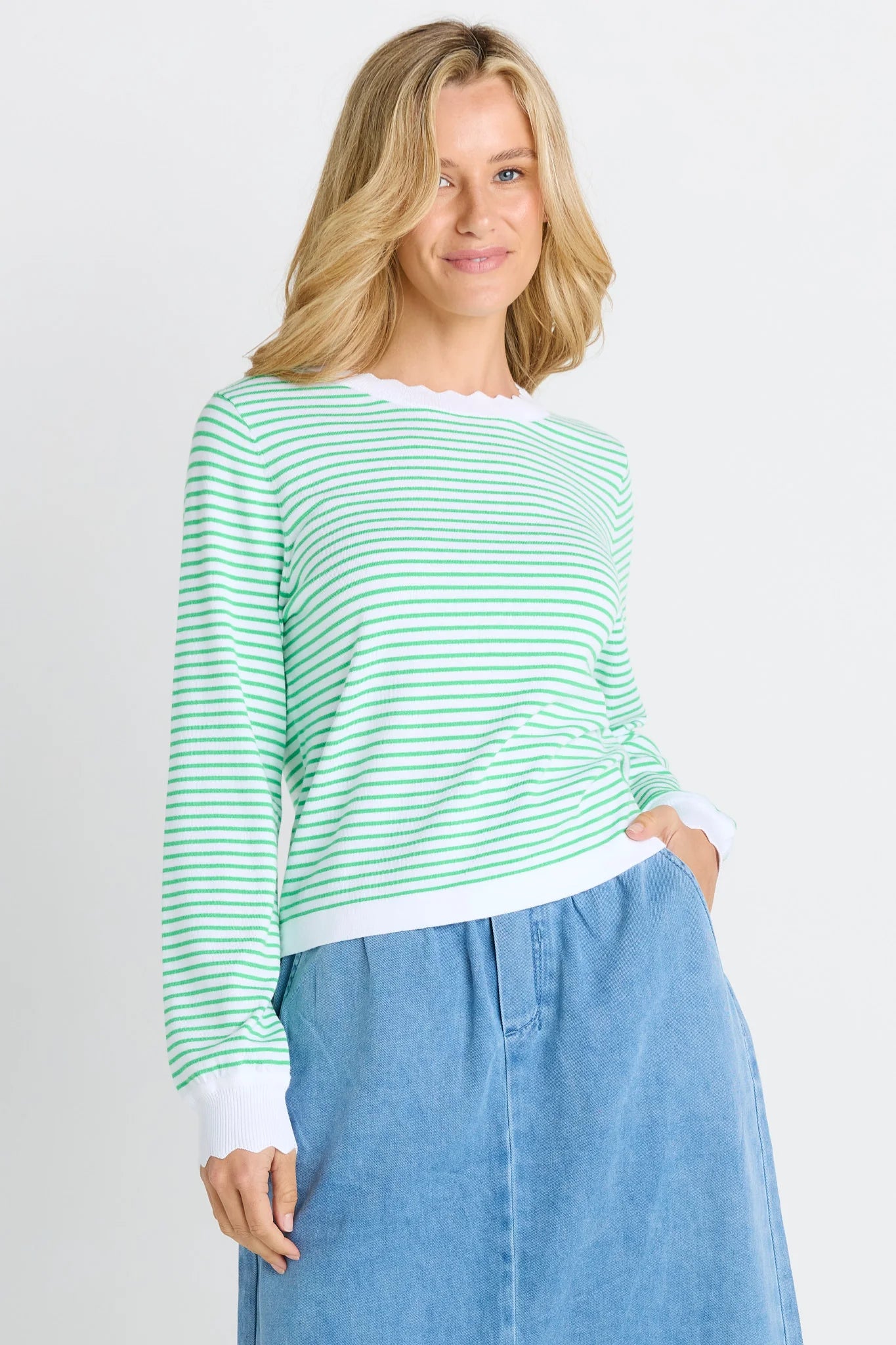 Betty Basics - Scallop Knit Sweater - Green Stripe