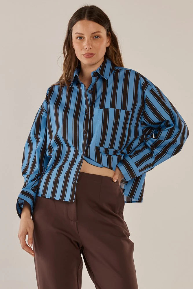 Betty Basics - Erin Crop Shirt - Chocolate/Cornflower Stripe