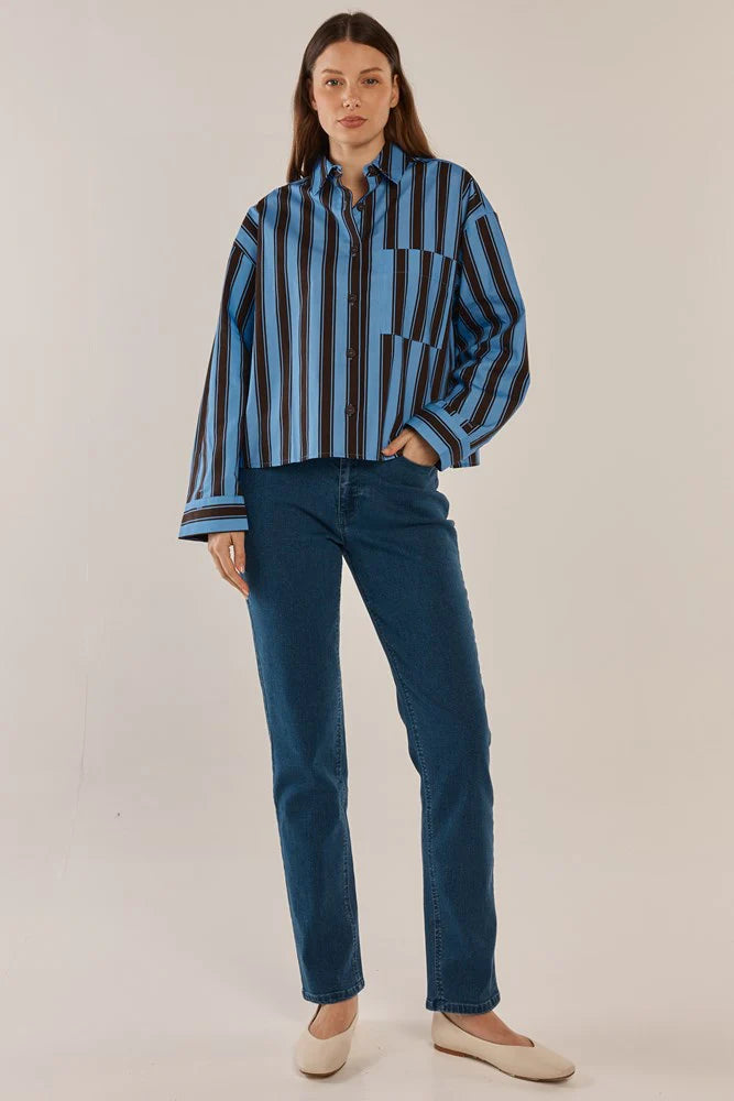 Betty Basics - Erin Crop Shirt - Chocolate/Cornflower Stripe