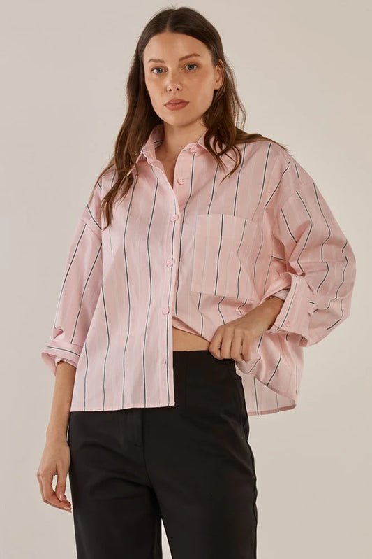 Betty Basics - Erin Crop Shirt - Pink/Chocolate Stripe