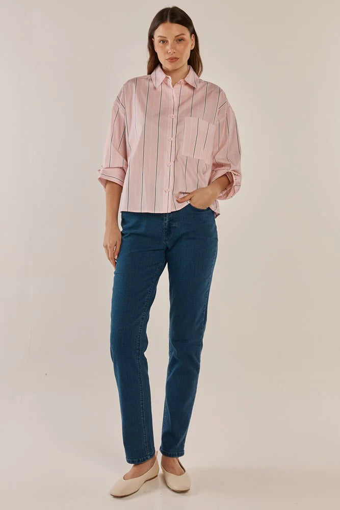 Betty Basics - Erin Crop Shirt - Pink/Chocolate Stripe