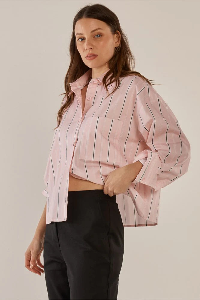 Betty Basics - Erin Crop Shirt - Pink/Chocolate Stripe