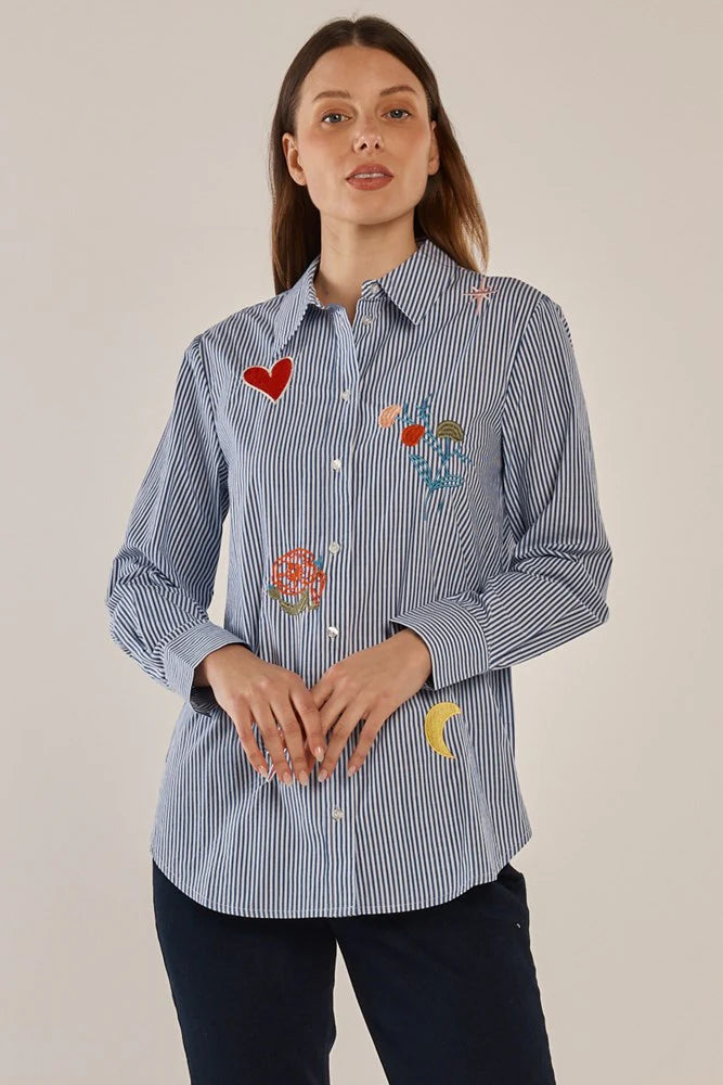 Betty Basics - Amelia Shirt - Floral Navy Stripe
